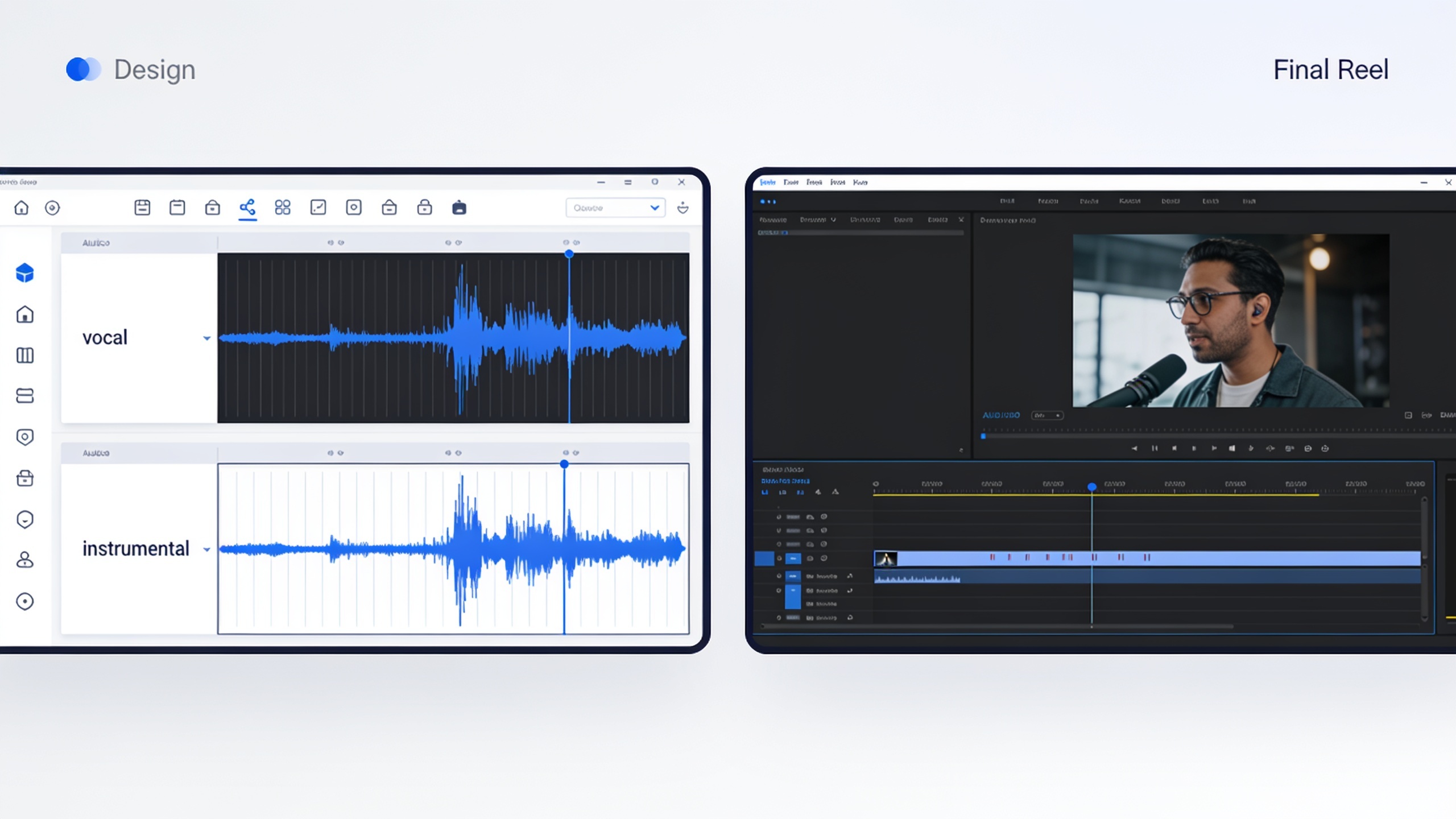DAW showing vocal and instrumental stems alongside a Reel preview