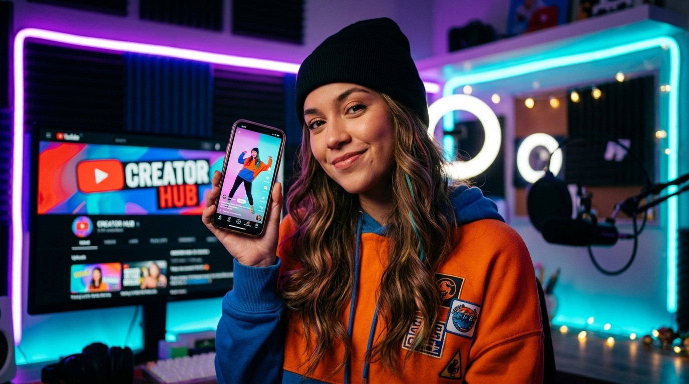 Creator holding phone playing a loop with YouTube banner visible