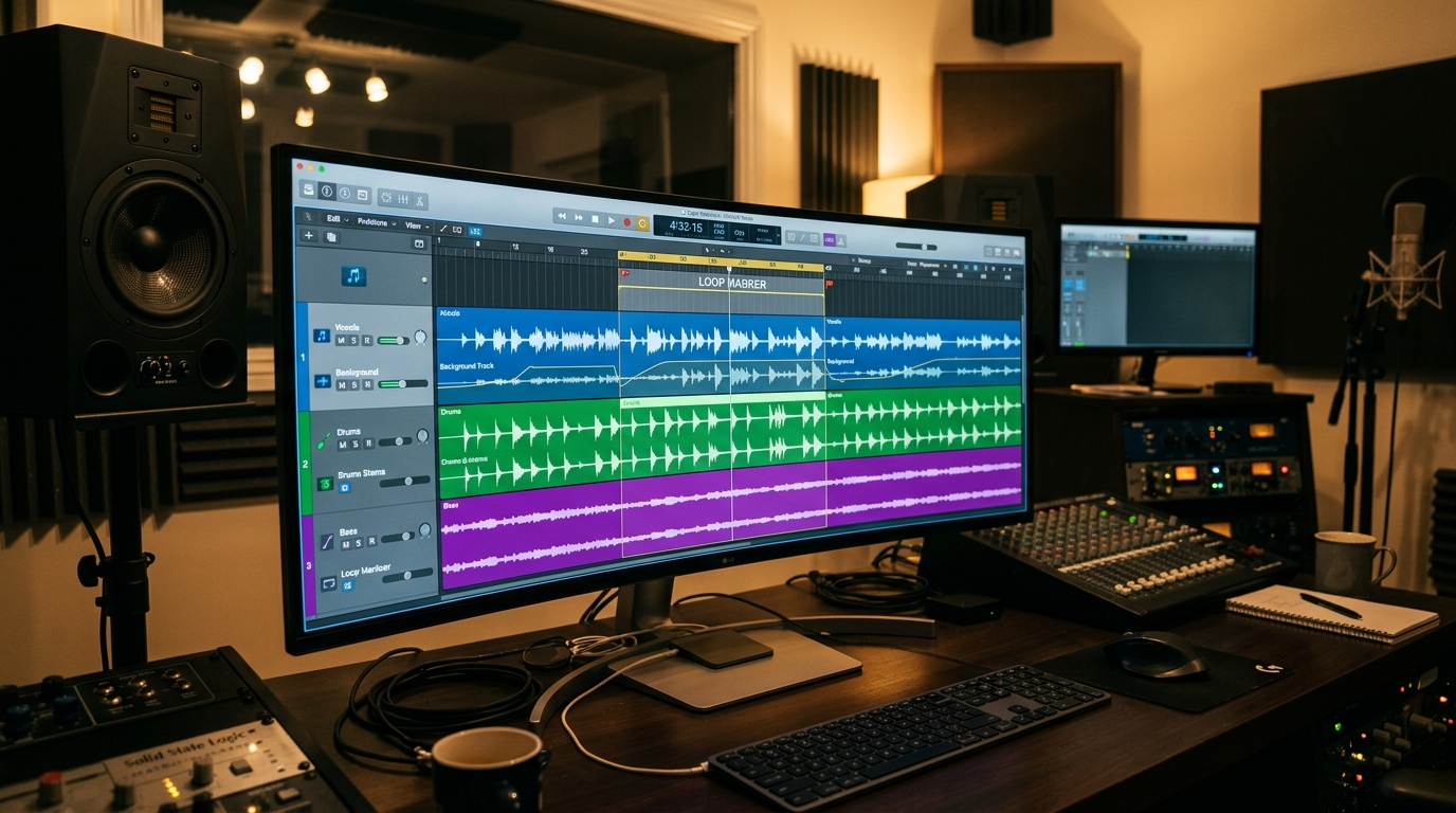 Editing timeline showing stems and loop marker