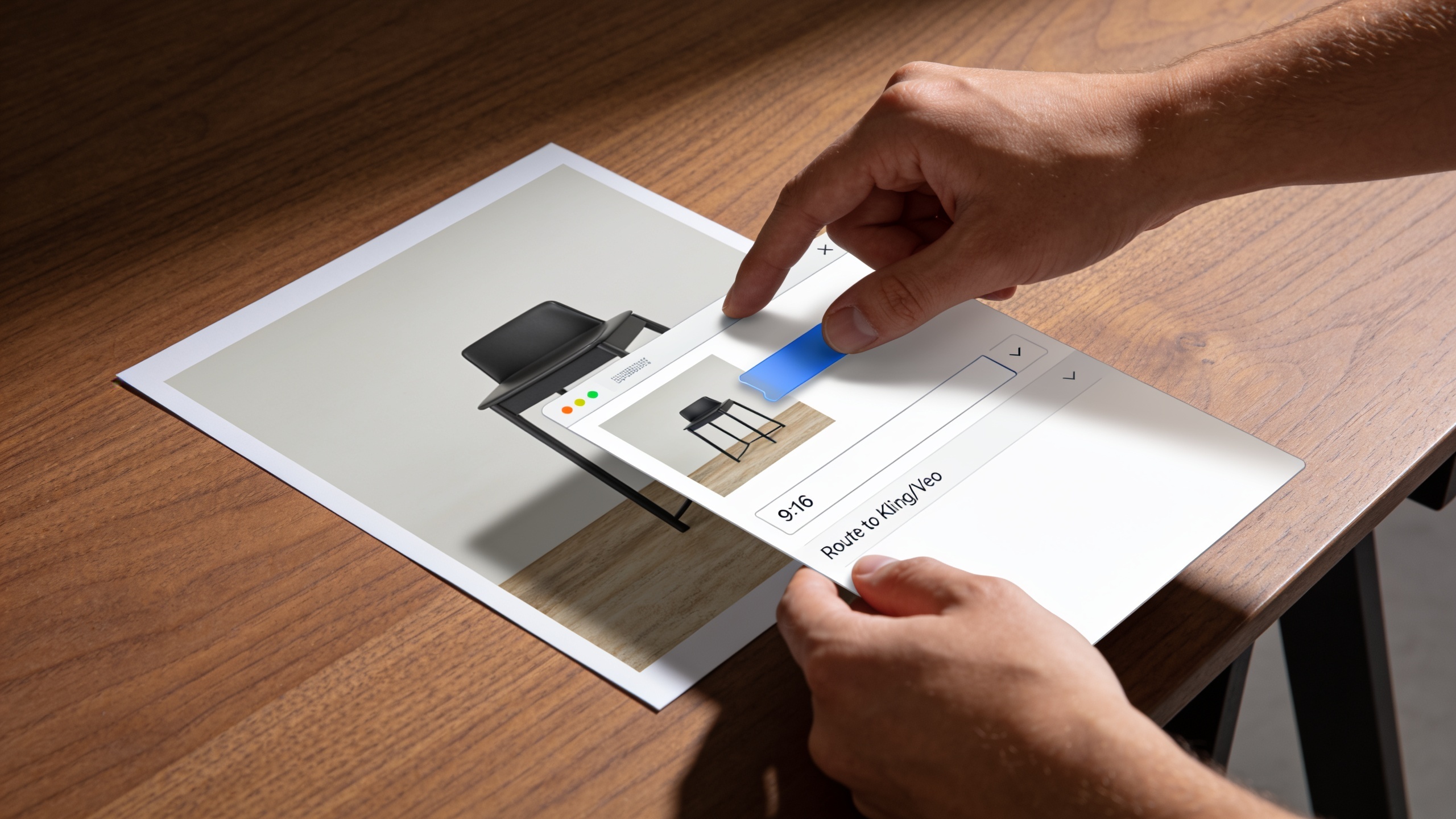 Uploading product photo into GoCrazyAI UI showing 9:16 export and model routing options