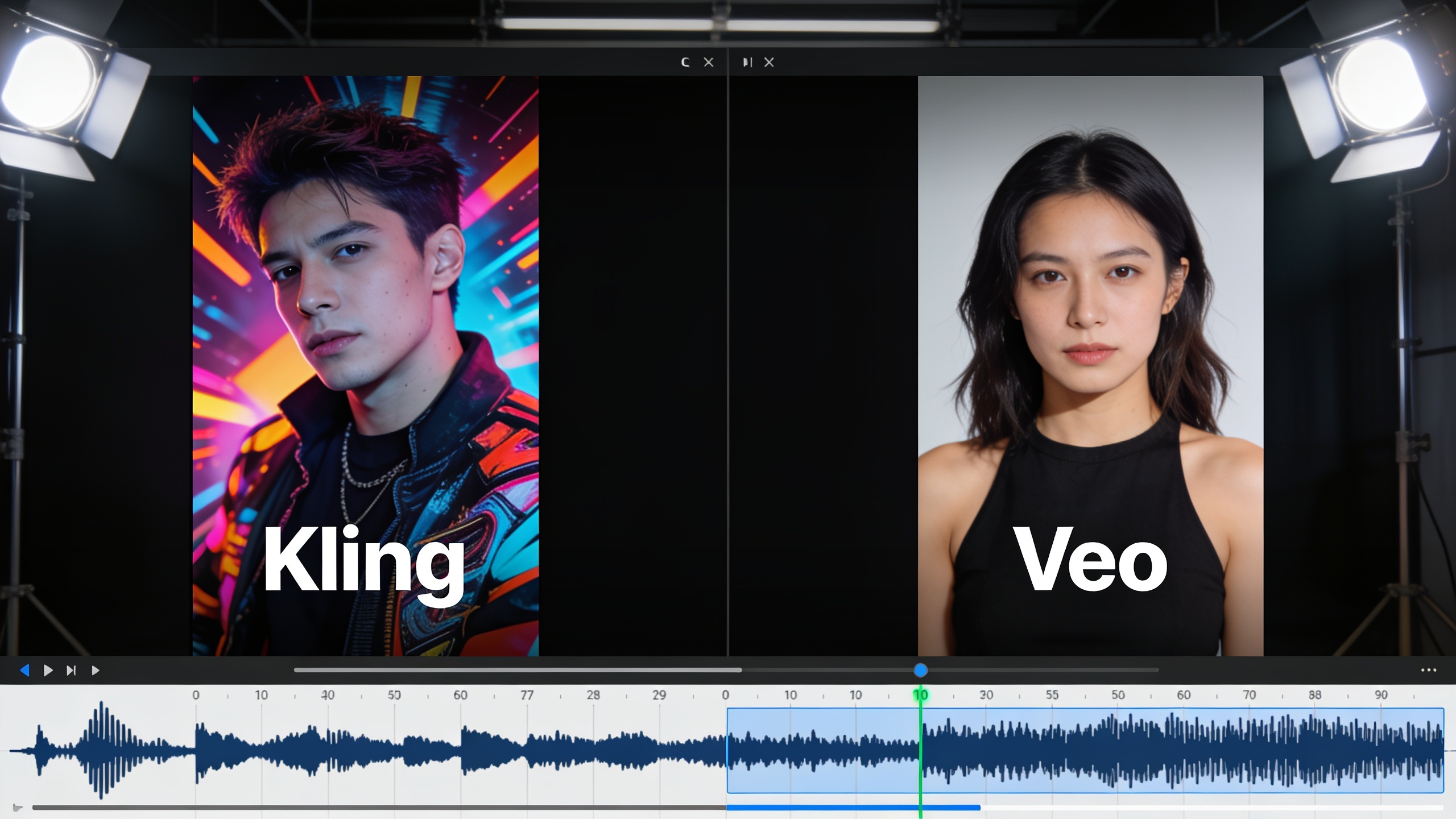 Side-by-side Kling vs Veo vertical video previews with timeline and audio waveform