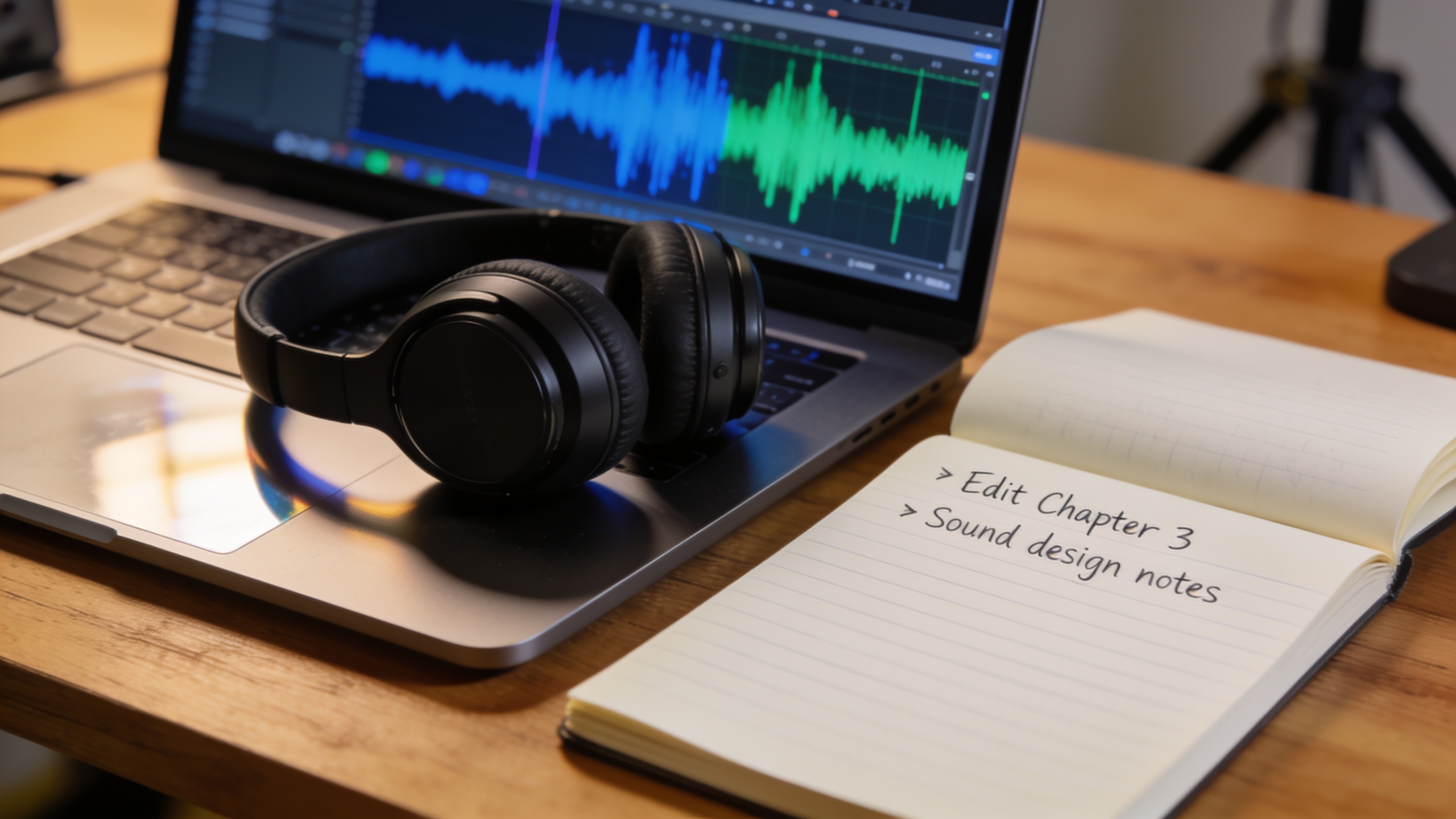Creator workstation showing waveform editor, headphones, and prompt notes under warm studio light.