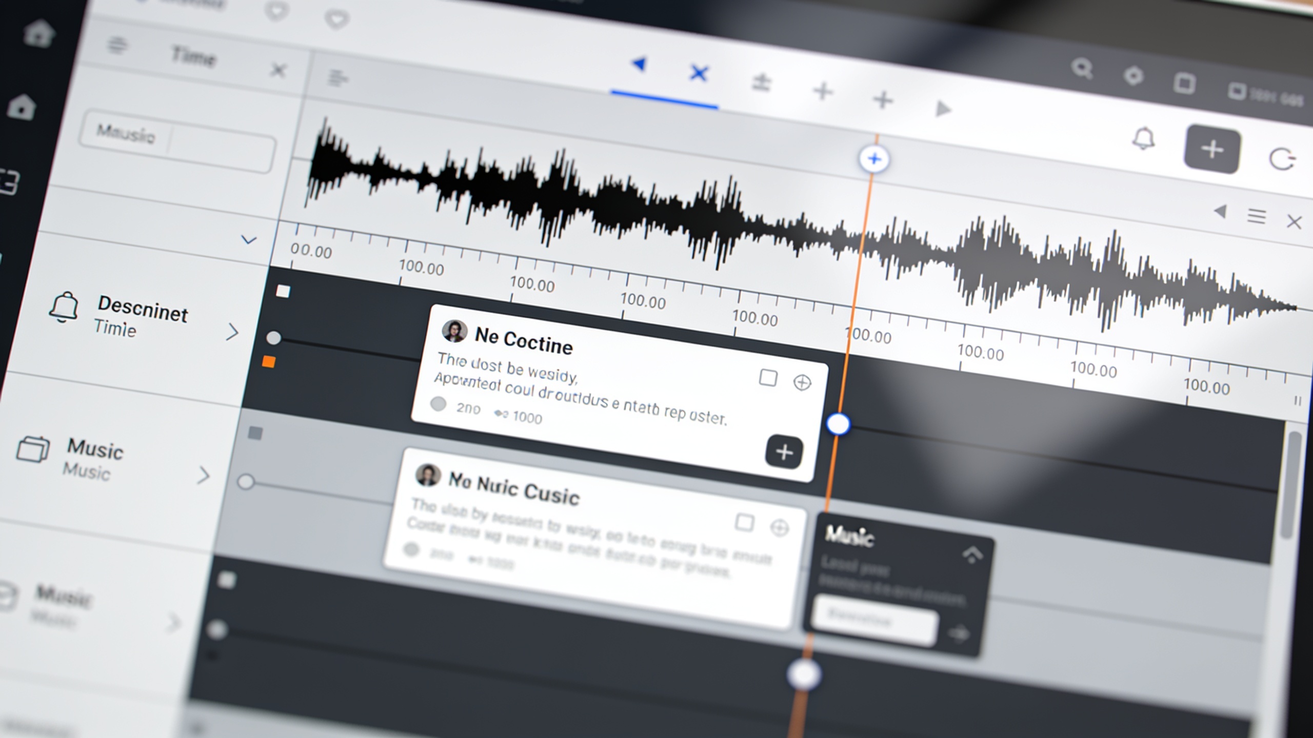 Timeline close-up showing waveforms, captions, and music tracks
