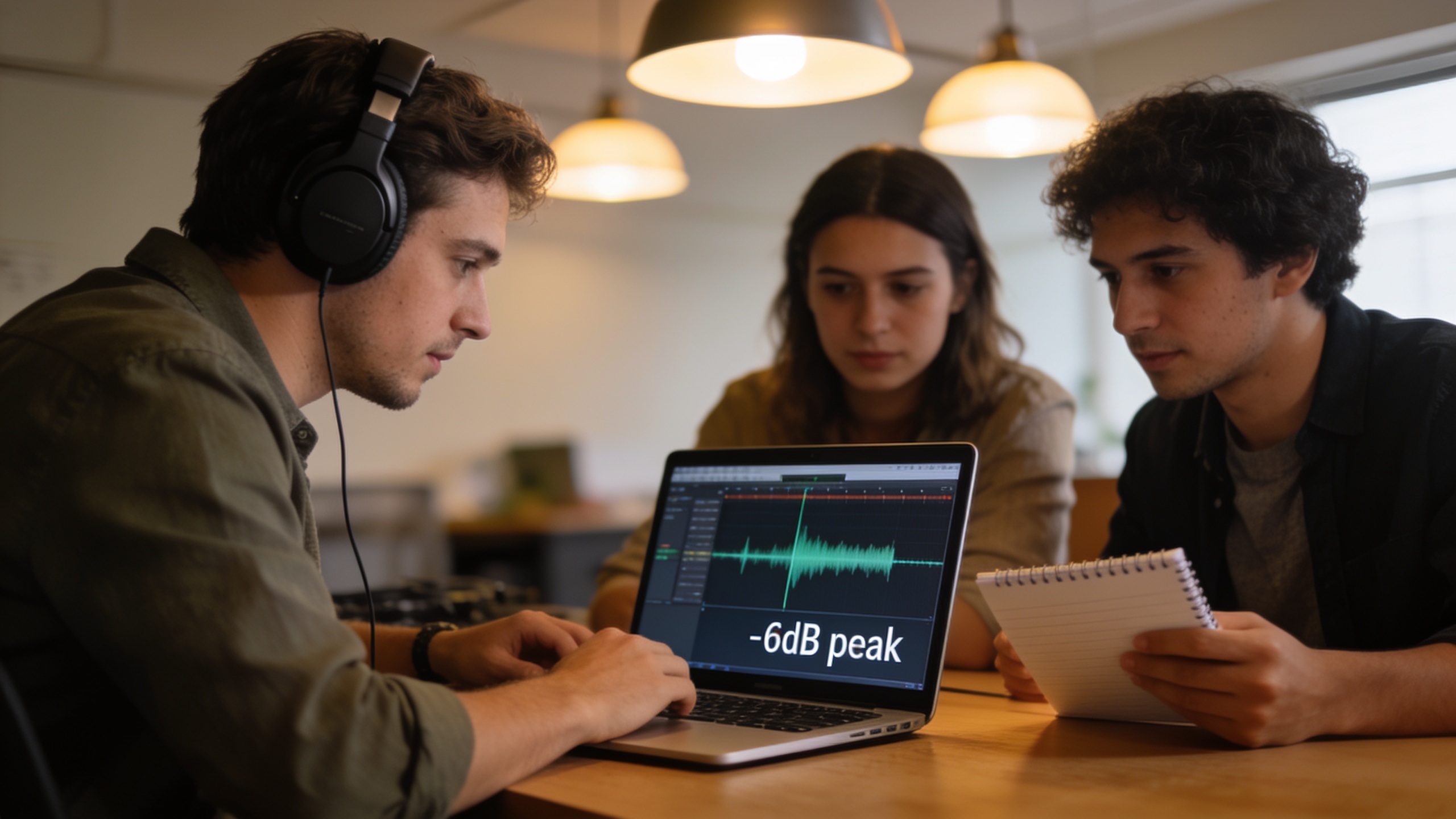 Team checking audio levels and voice meter on a laptop
