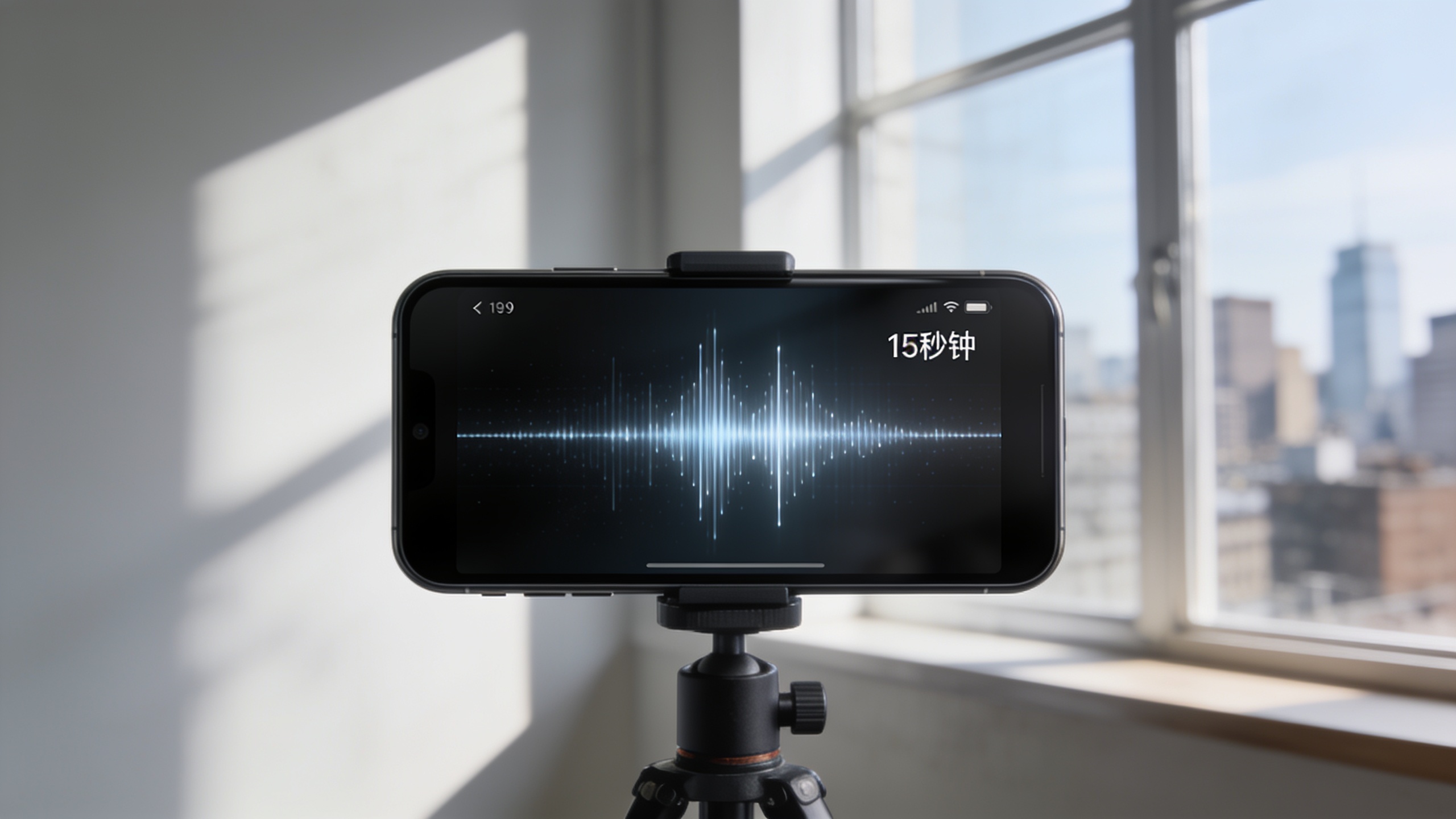 Phone playing a 15-second ad with waveform overlay