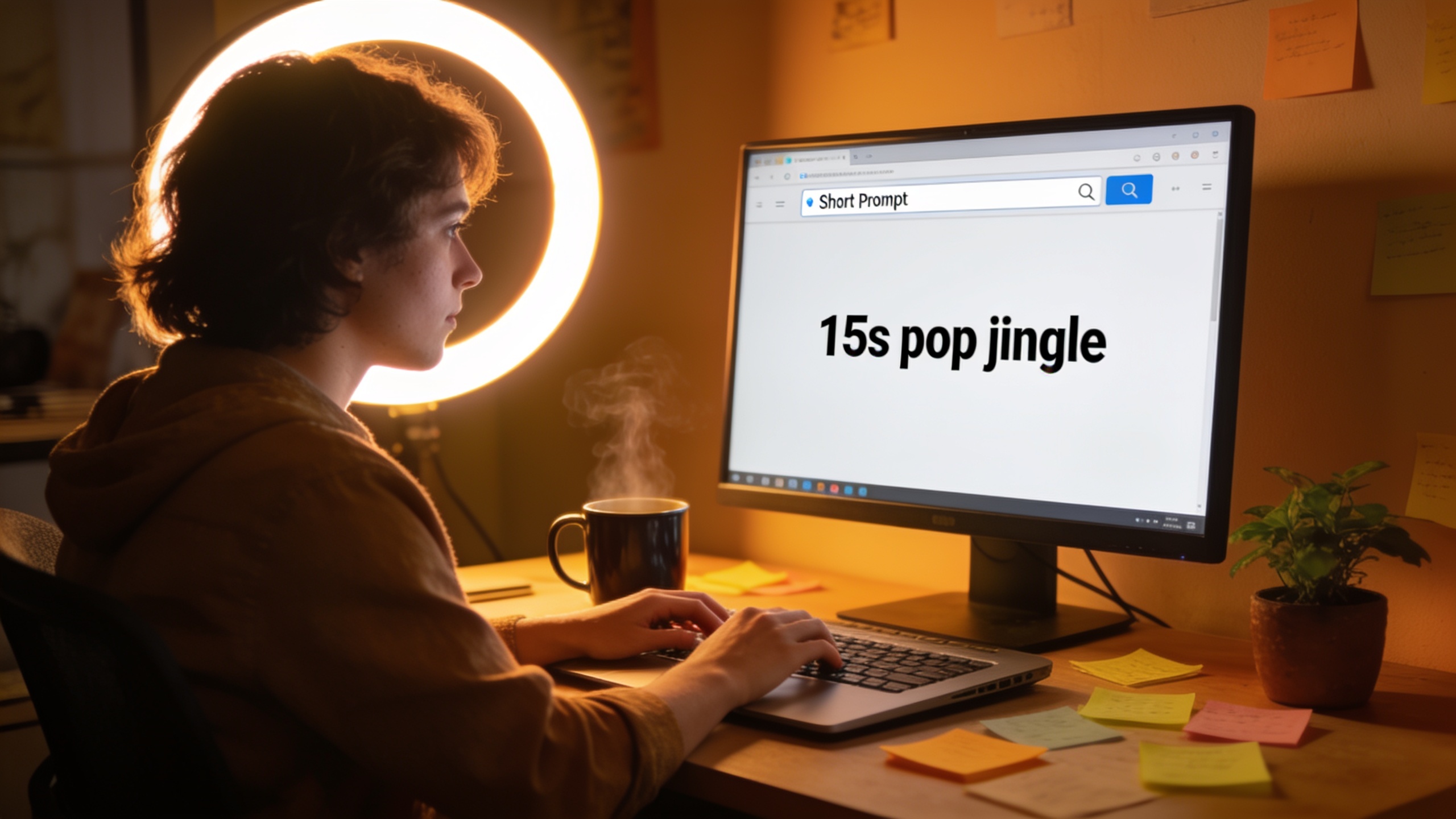 Person typing a short prompt for a 15s jingle