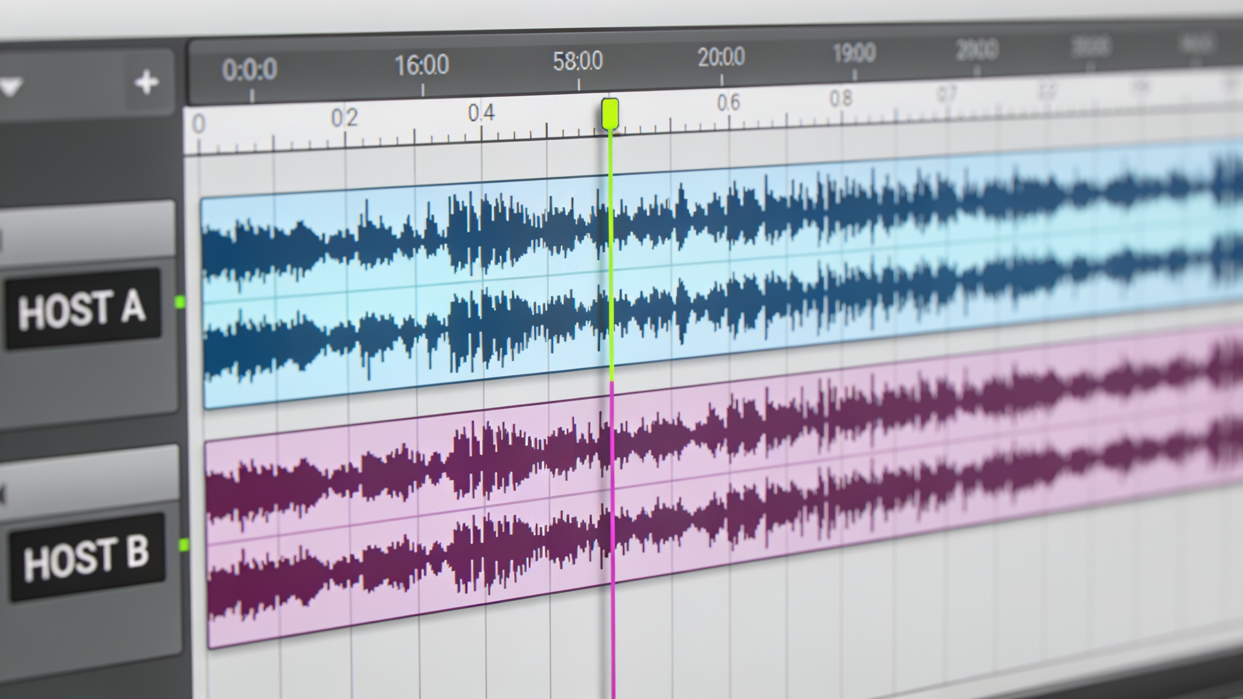 DAW timeline showing two labeled voice tracks Host A and Host B