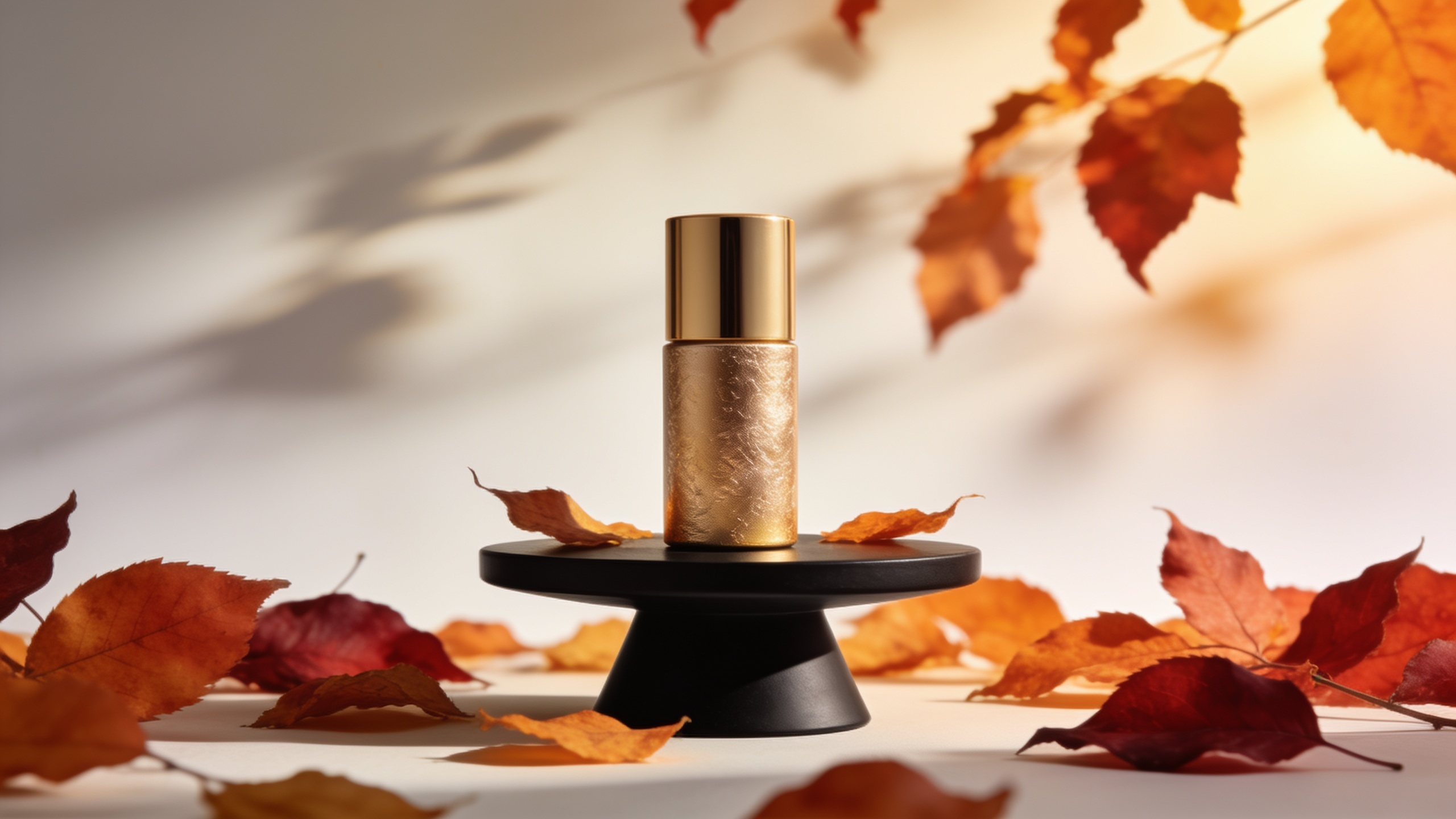 Hero product shot with autumn leaves and golden-hour light