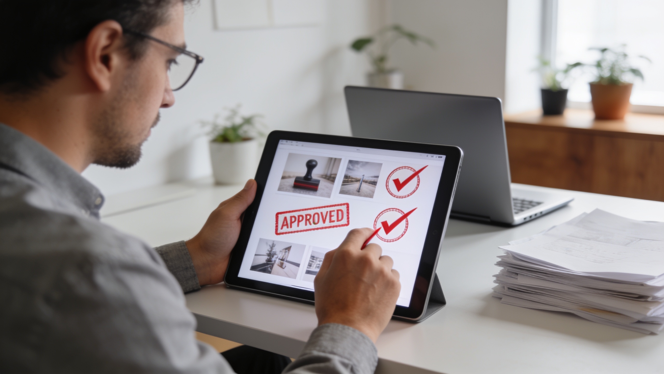 Creative director approving AI-generated images on a tablet
