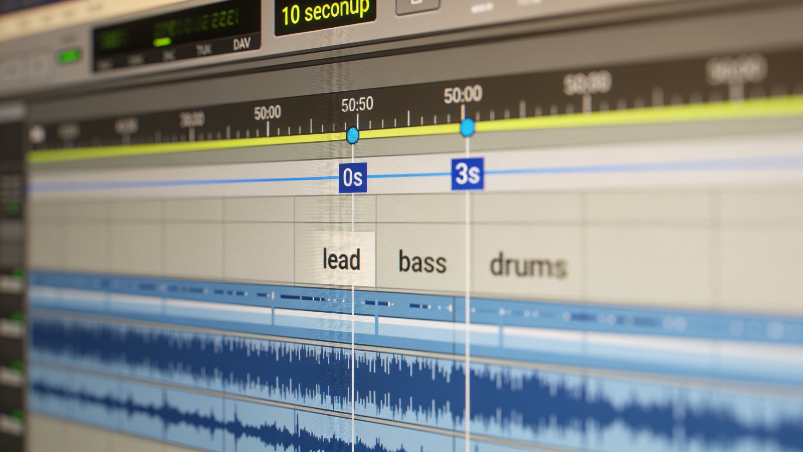 DAW timeline with a 10-second loop and labeled stems