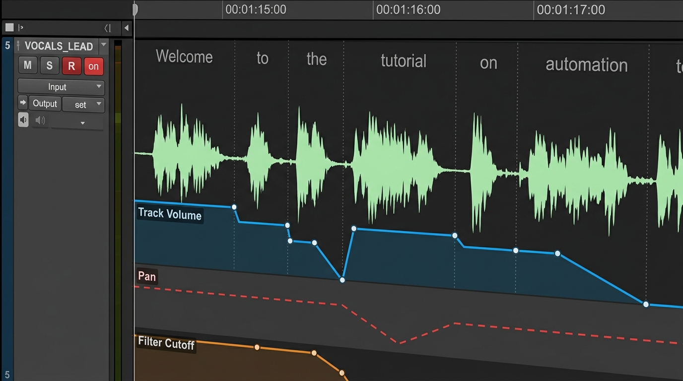 Waveform with word-level timestamps and automation envelopes in a DAW view (close-up)
