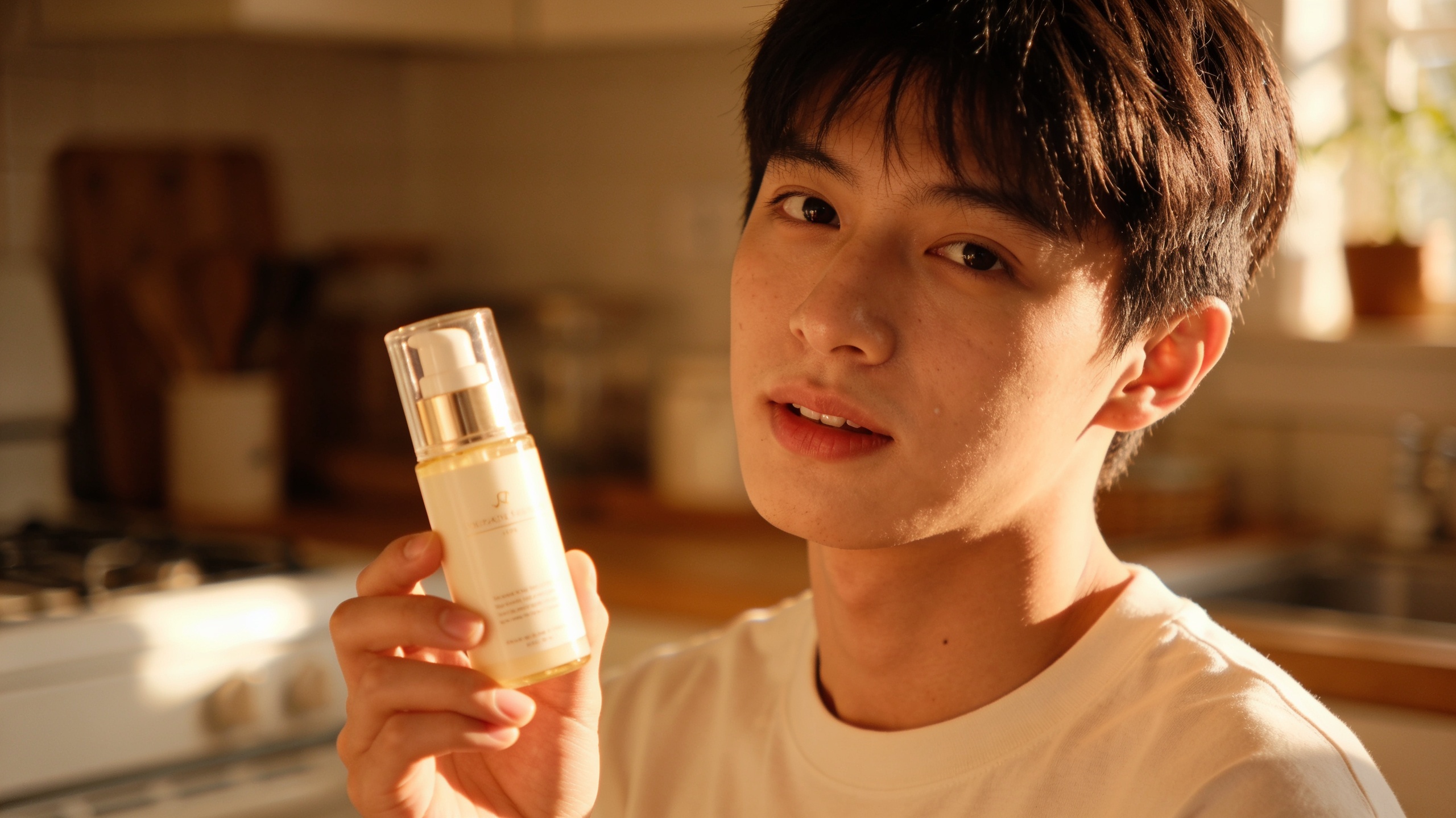 UGC-style phone-shot of person holding a skincare bottle in kitchen lighting