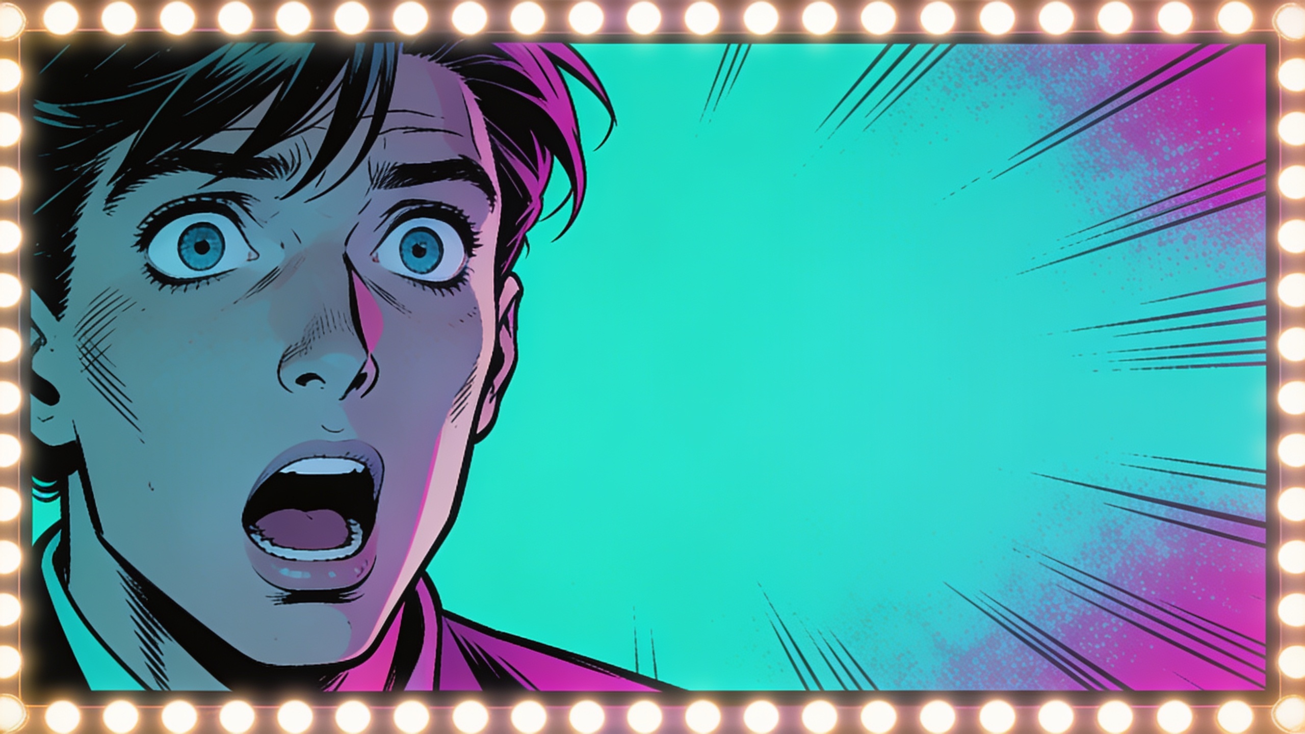 Stylized oversized shocked face with neon cyan and magenta background, empty right side for text, 16:9