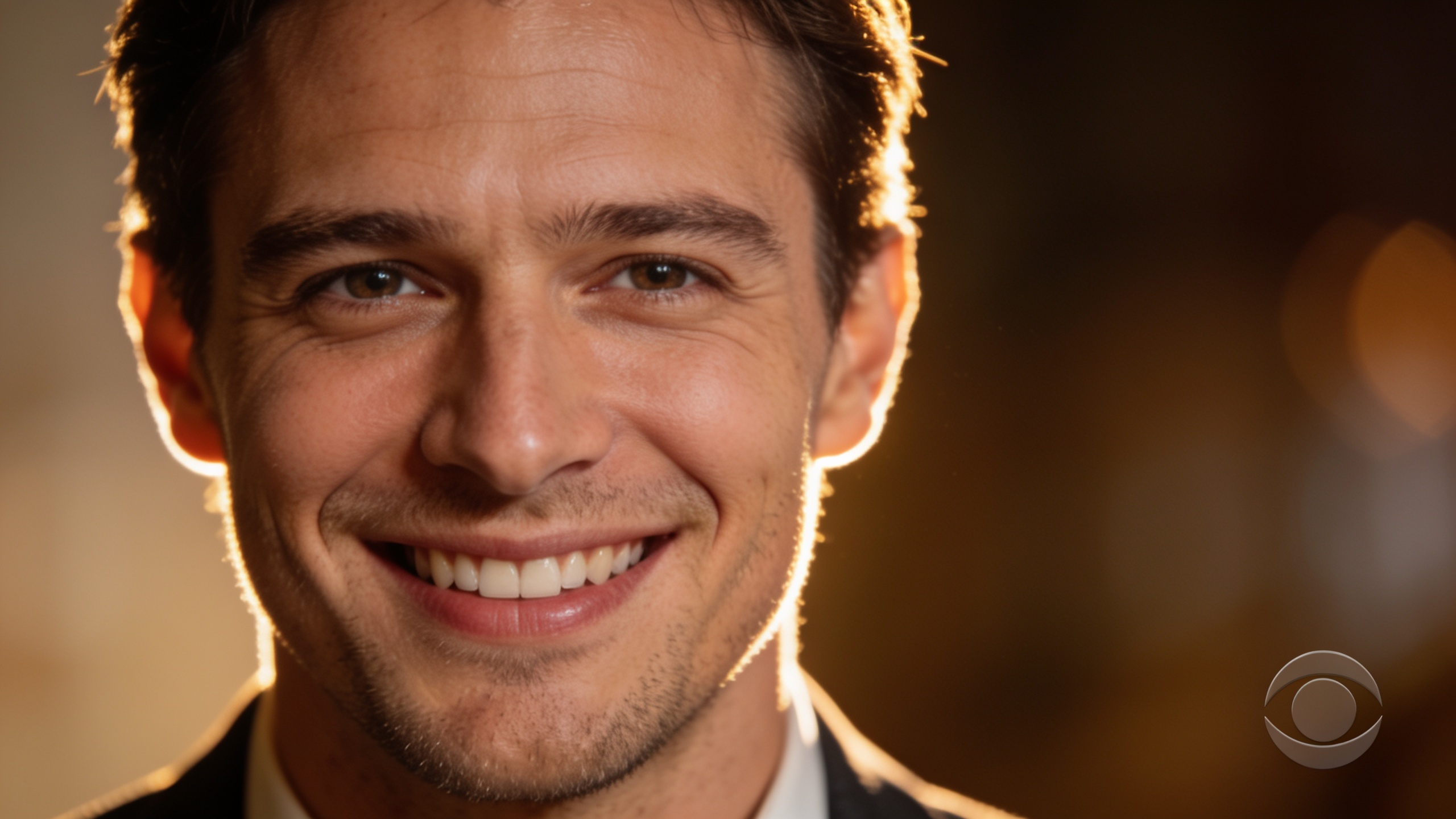 Warm-lit host close-up with empty right third and space for logo, soft bokeh background, 16:9