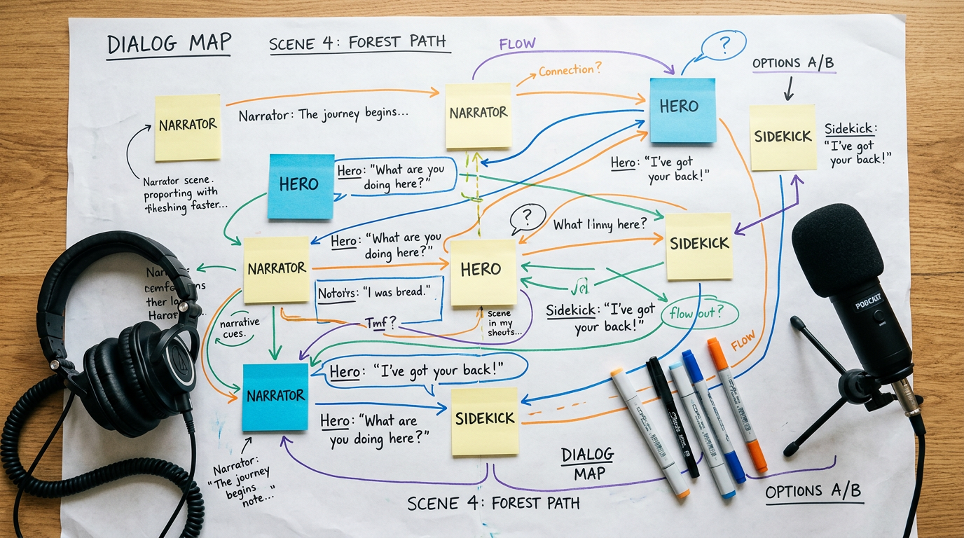Dialog map on paper with markers and sticky notes labeled for each character next to headphones