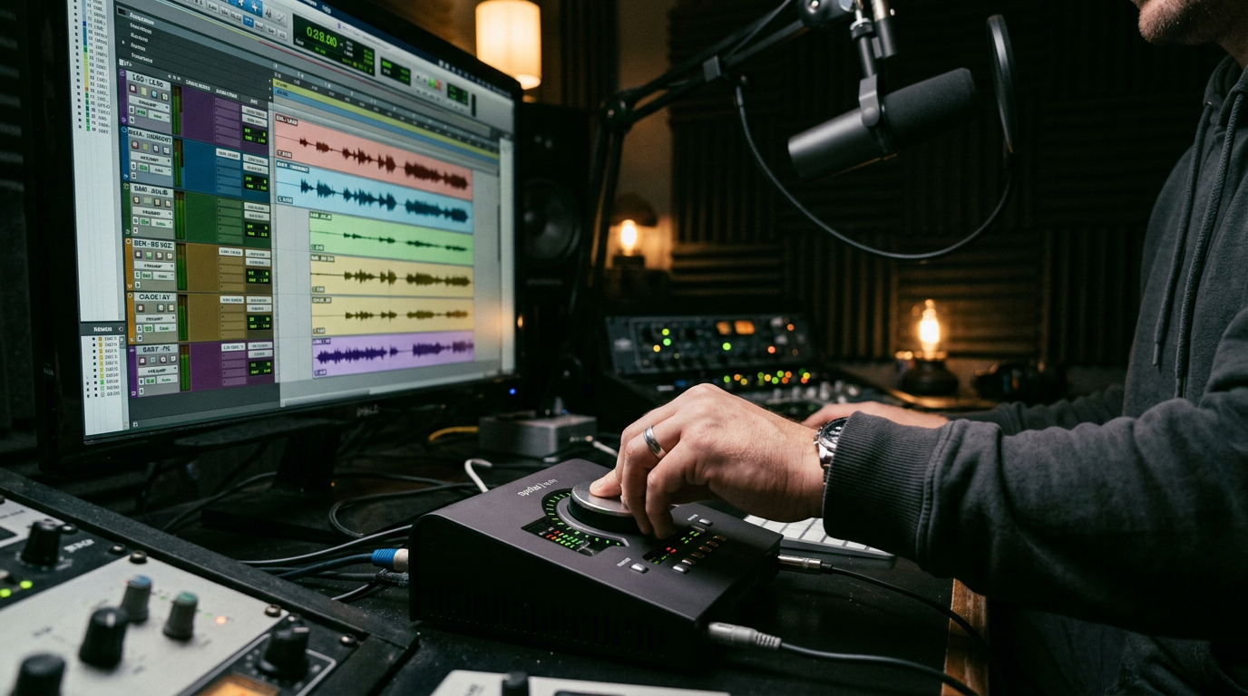 Hand adjusting audio interface faders with DAW showing separate vocal stems