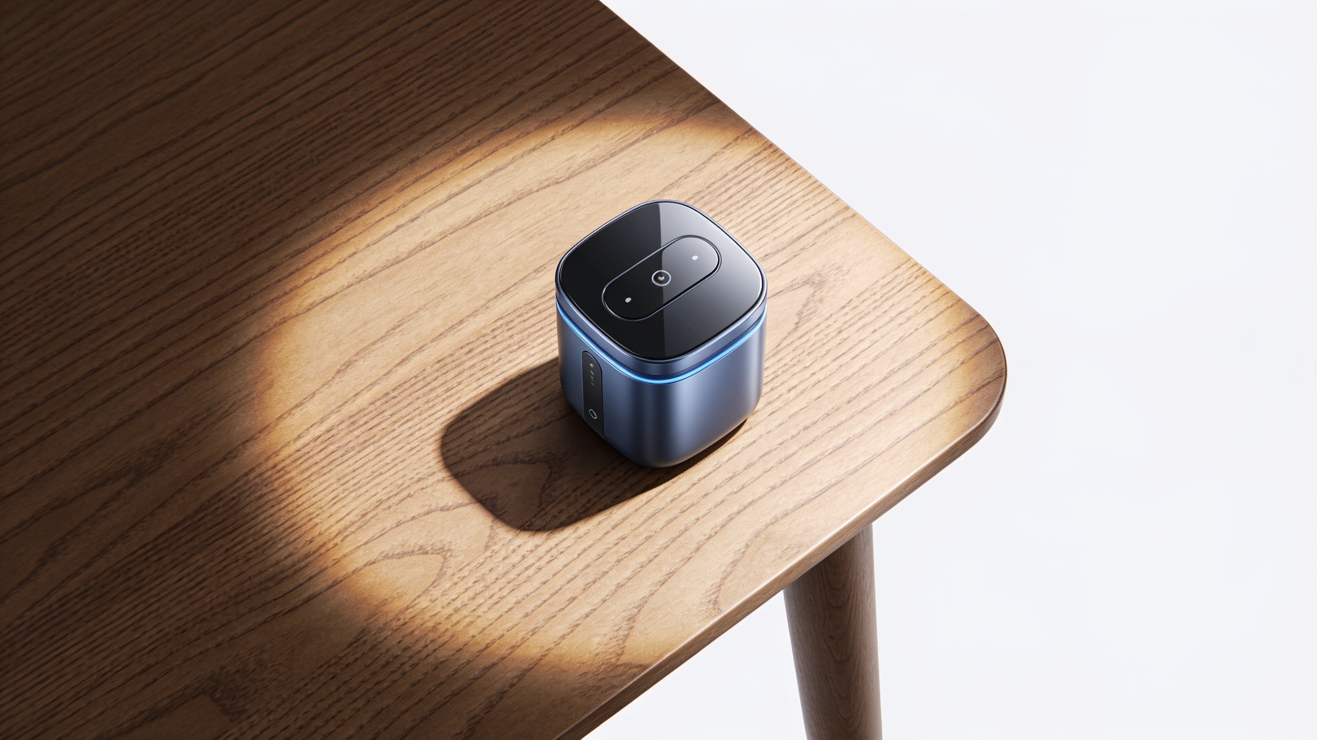 Top-down product hero shot on wooden table for promo