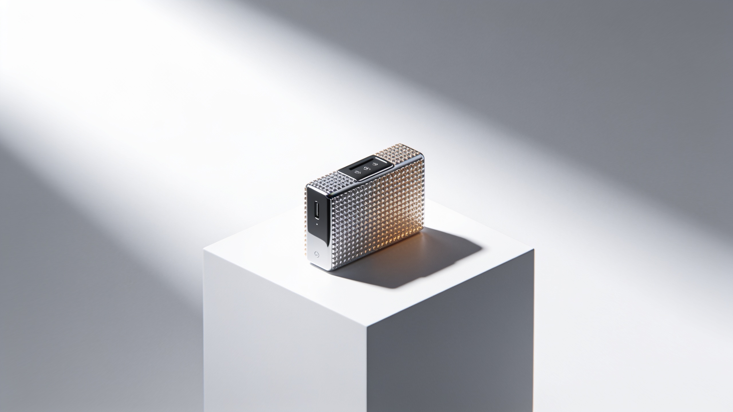 Product on white pedestal with camera push-in and studio lighting
