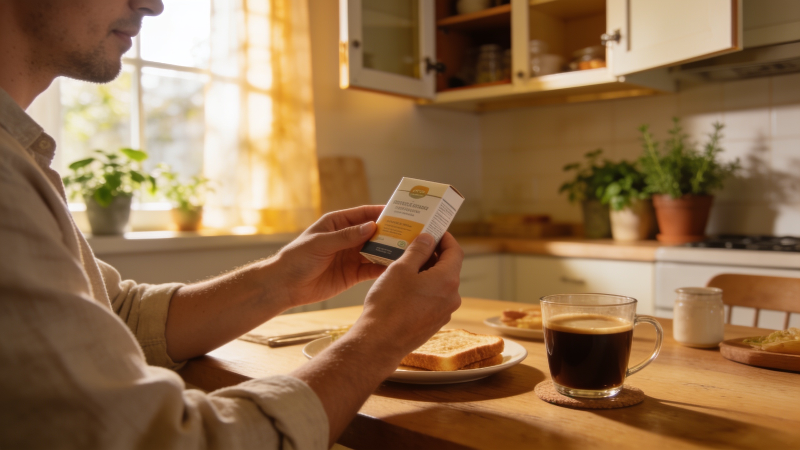 UGC-style lifestyle photo of person holding product at kitchen table in warm morning light
