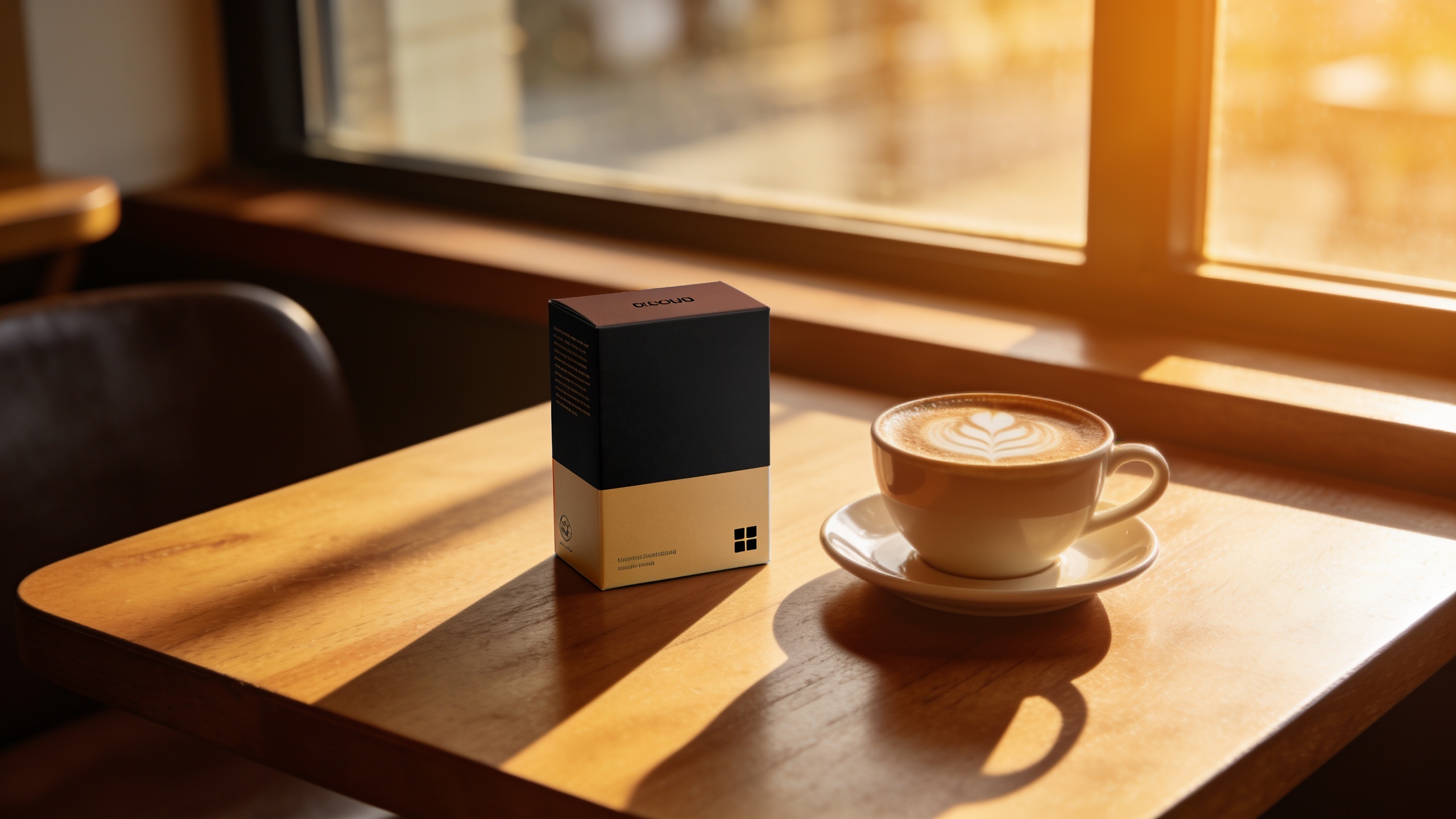 Contextual mockup of product on a cafe table with latte and window light