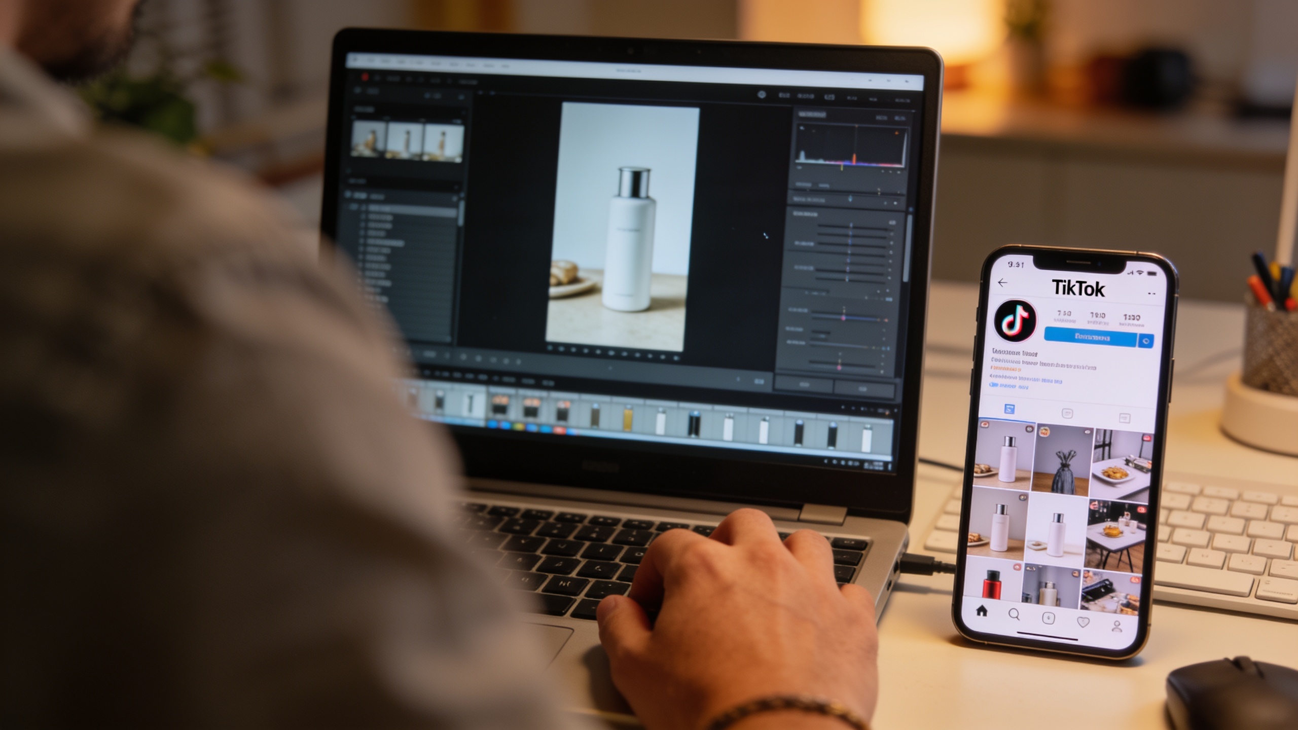 Creator editing a vertical product video on a laptop with phone showing TikTok timeline