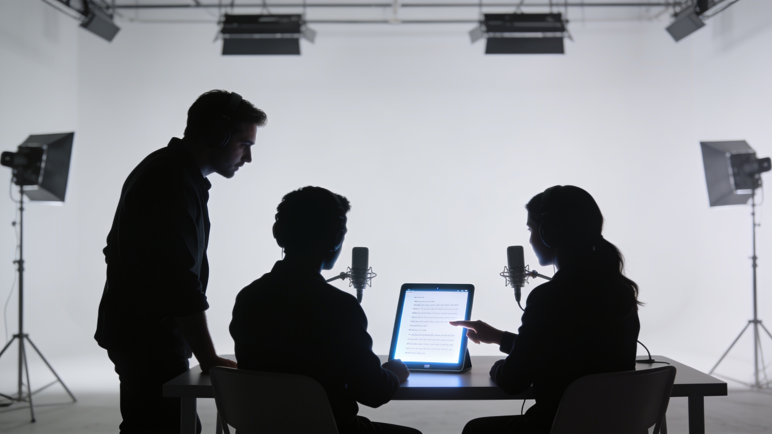Two silhouetted voice actors reviewing a script with a producer