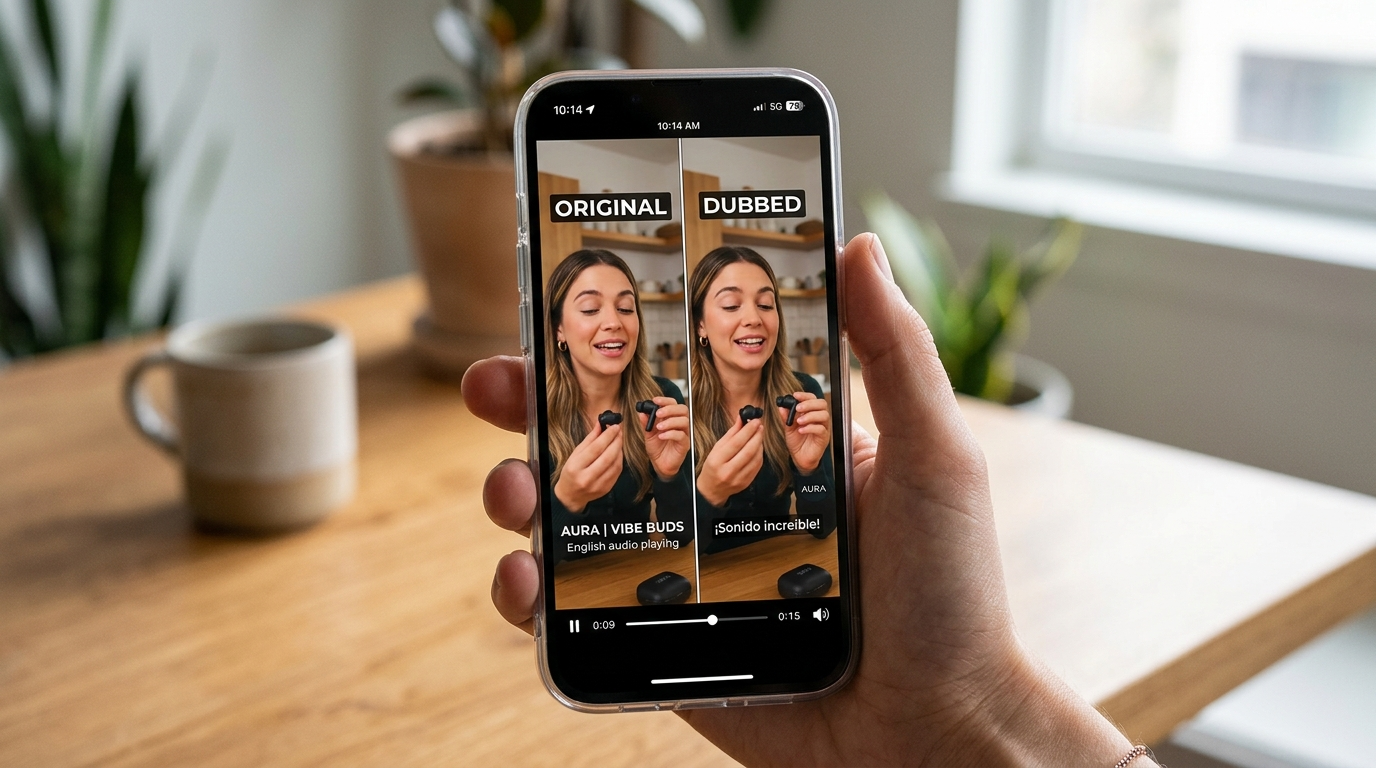 Phone showing original vs dubbed short ad