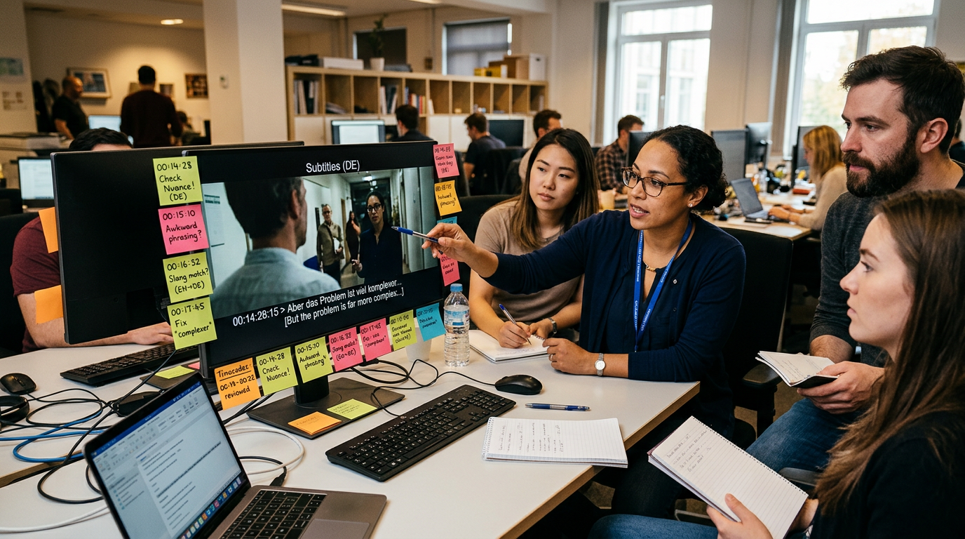 Linguist checking subtitles on a monitor