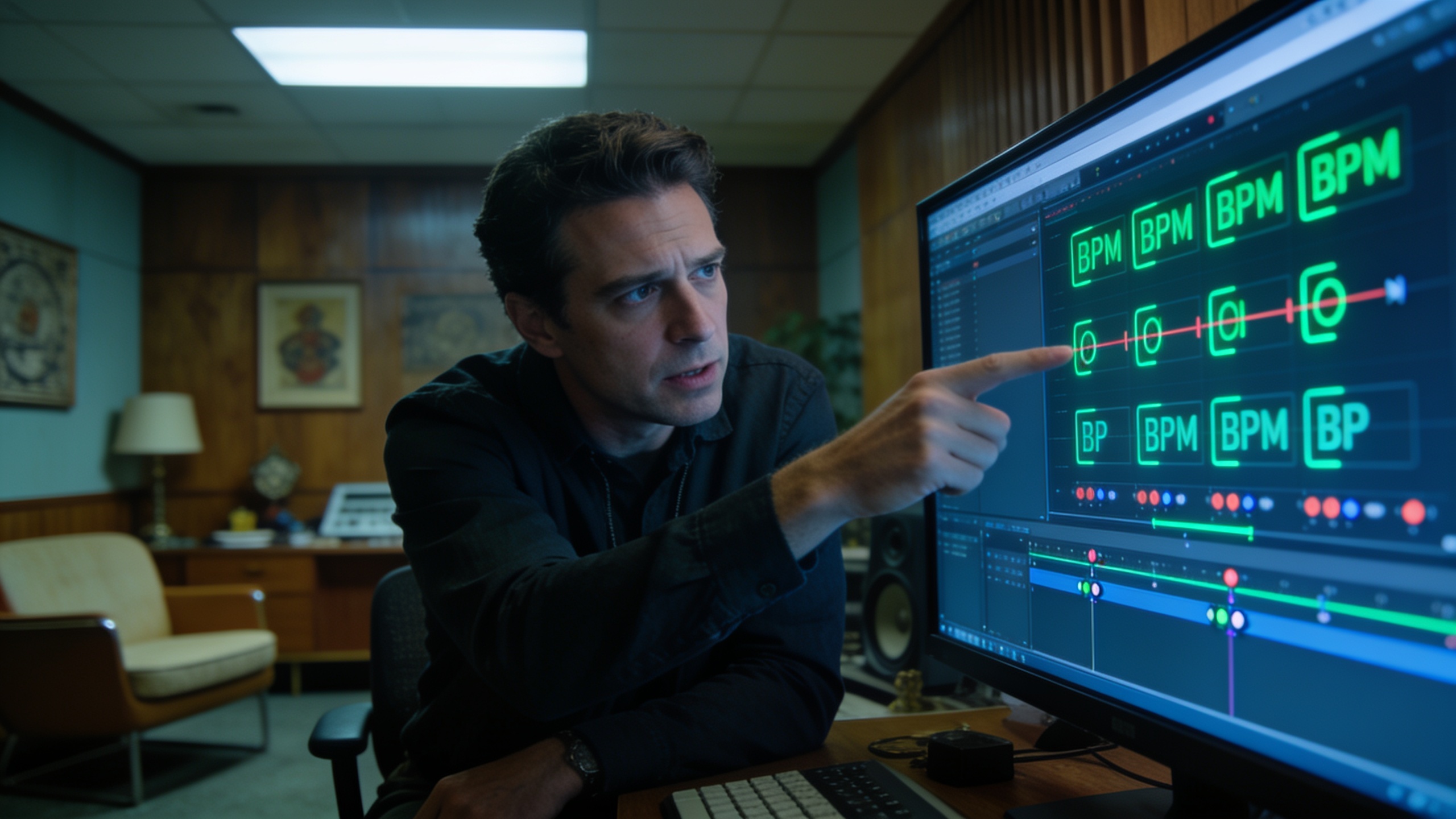 Director pointing to monitor with BPM markers and loop points