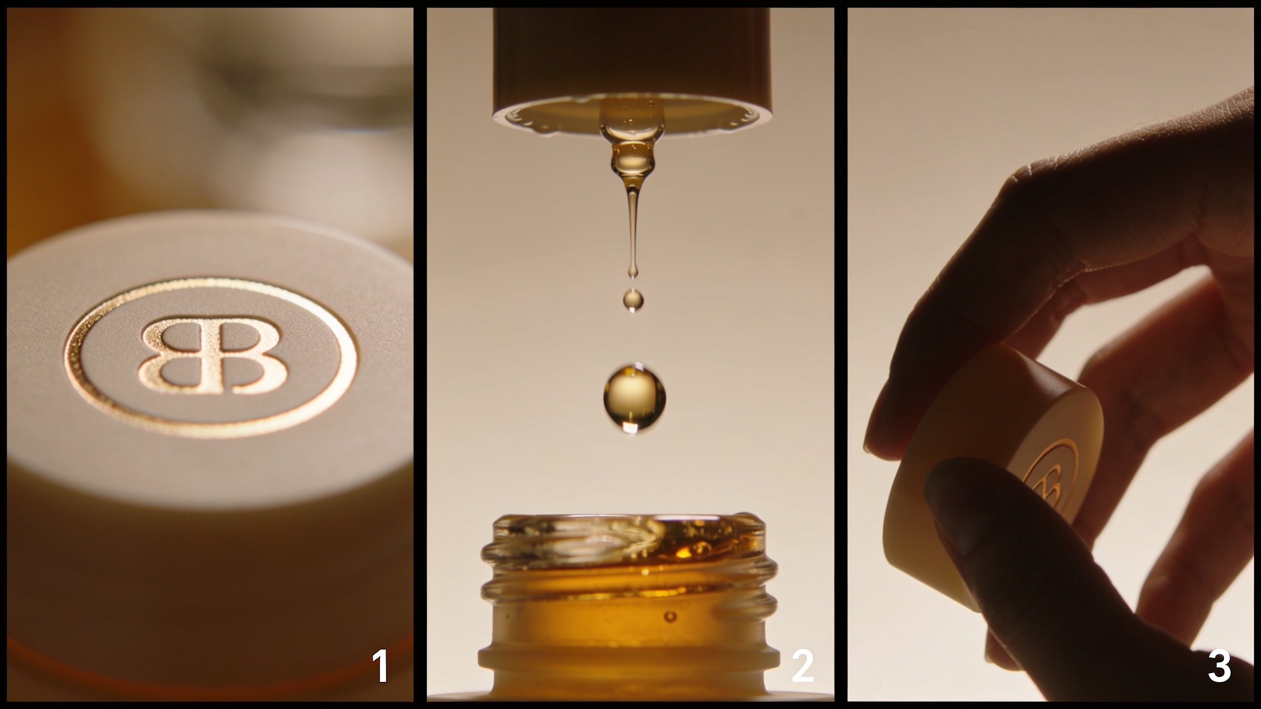 Three-frame storyboard showing logo reveal, pour action, and hand pickup