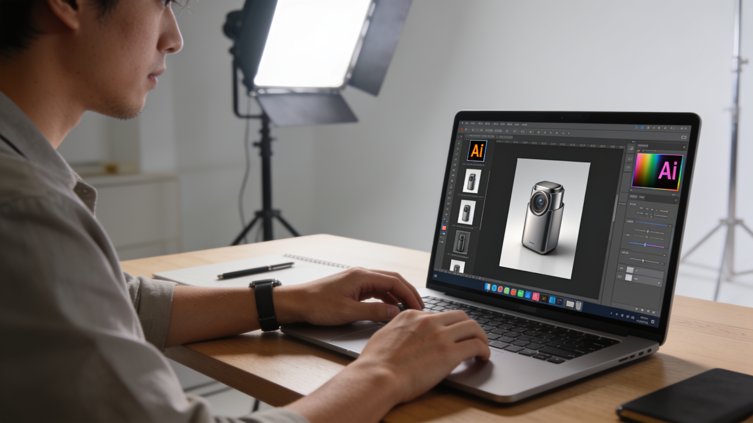 Creator uploading a product image into an AI video generator on a laptop