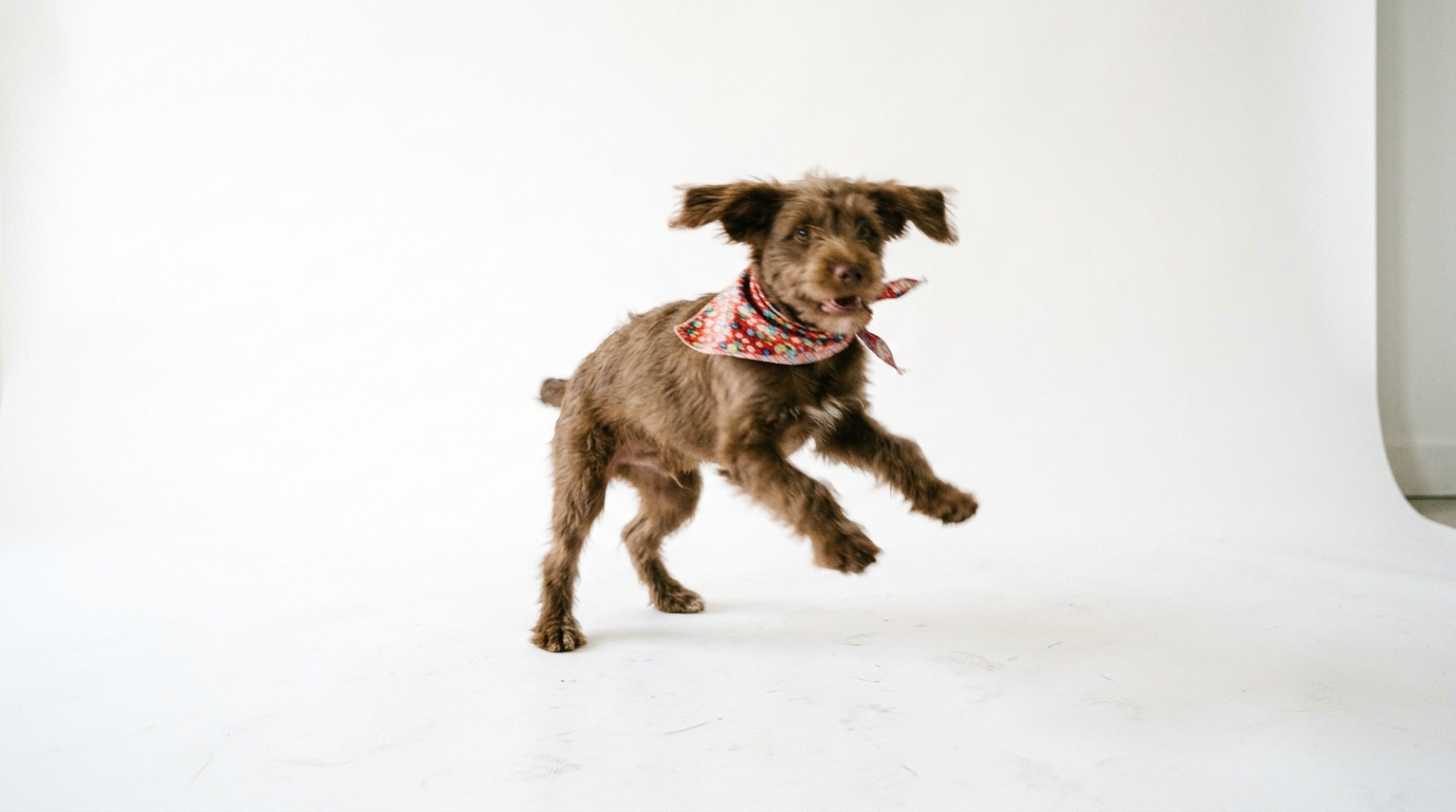Pet dance clip concept: small brown dog mid-dance