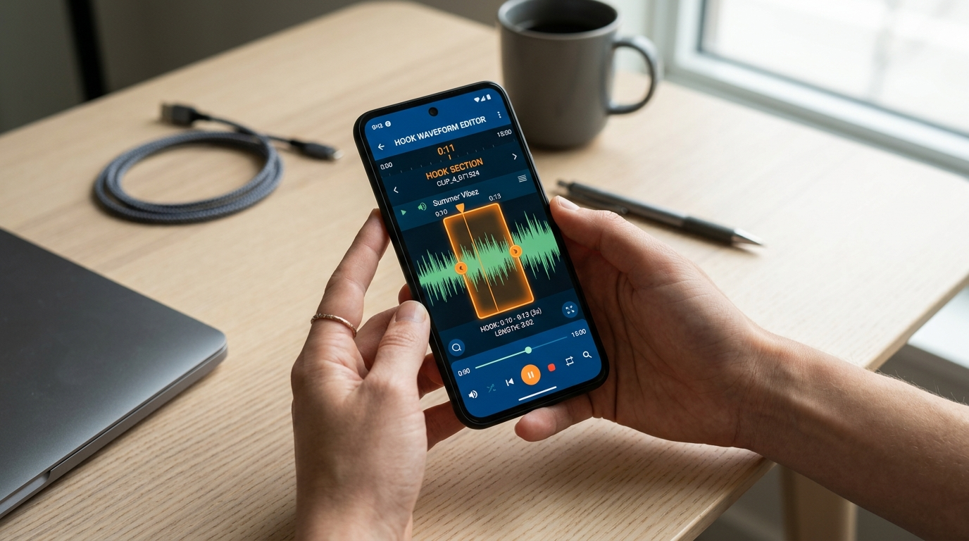 Smartphone showing audio hook waveform on tabletop