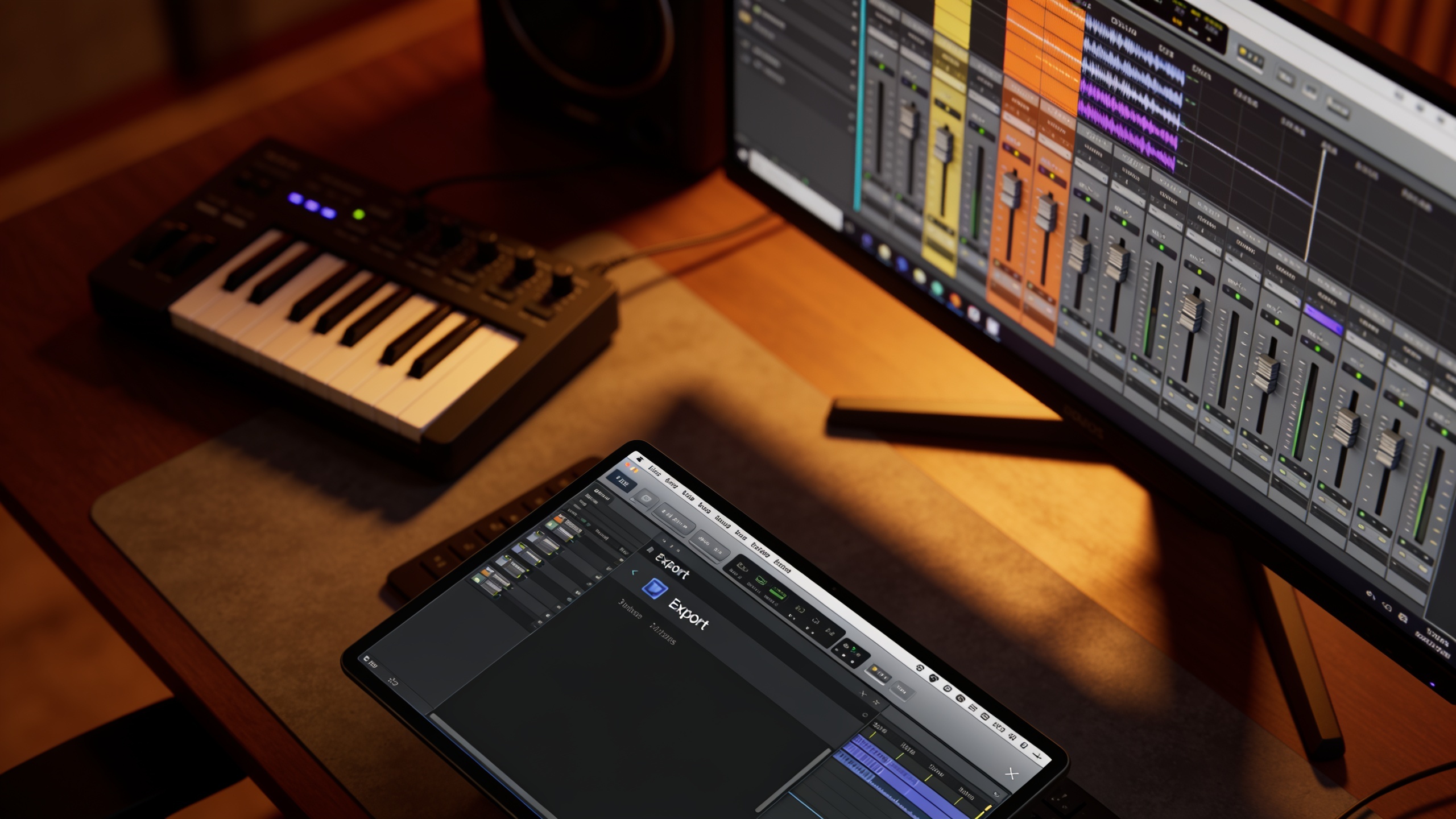 Music production workstation showing stems and export dialog