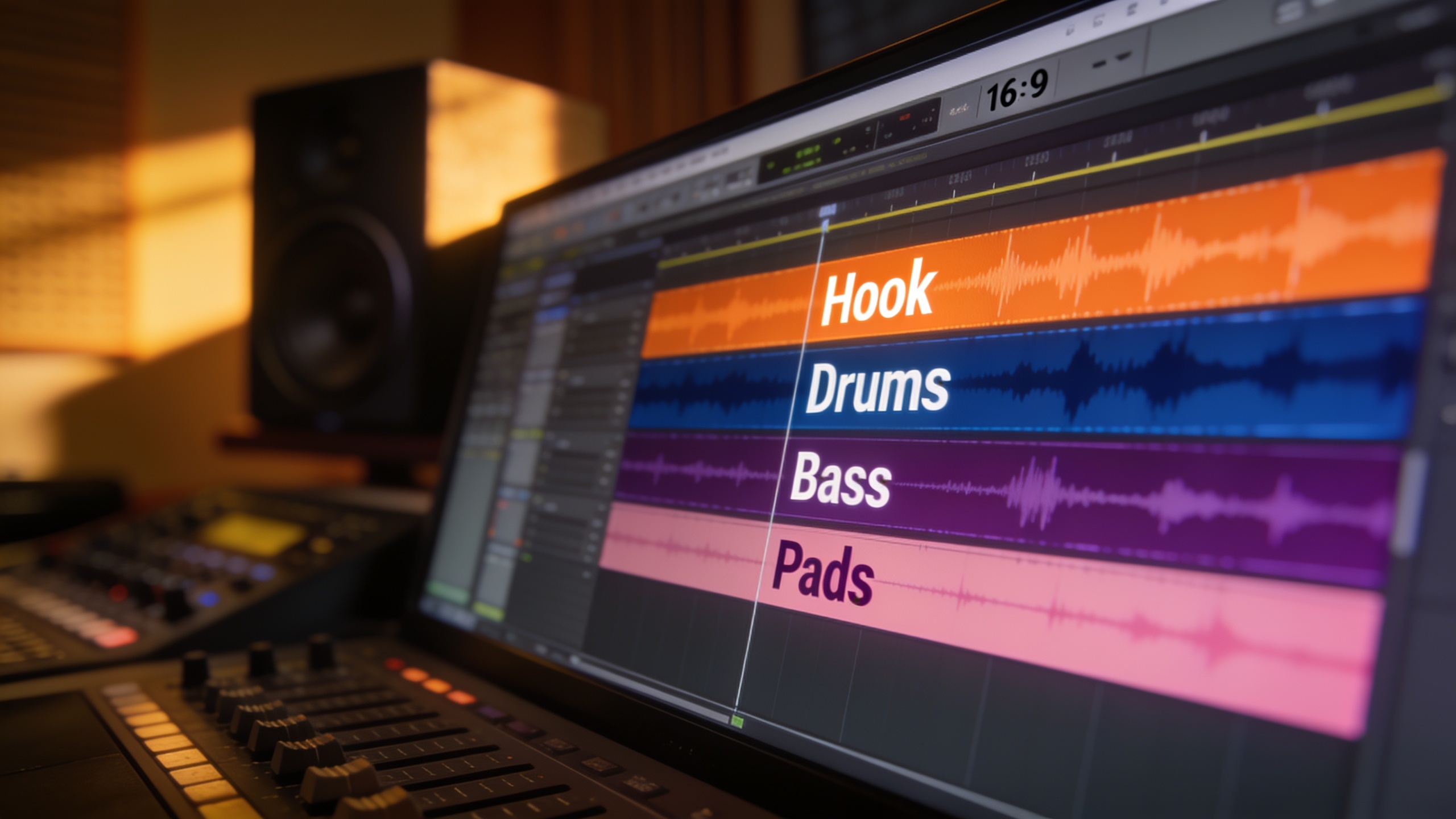 DAW timeline with labeled stems for hook, drums, bass, and pads