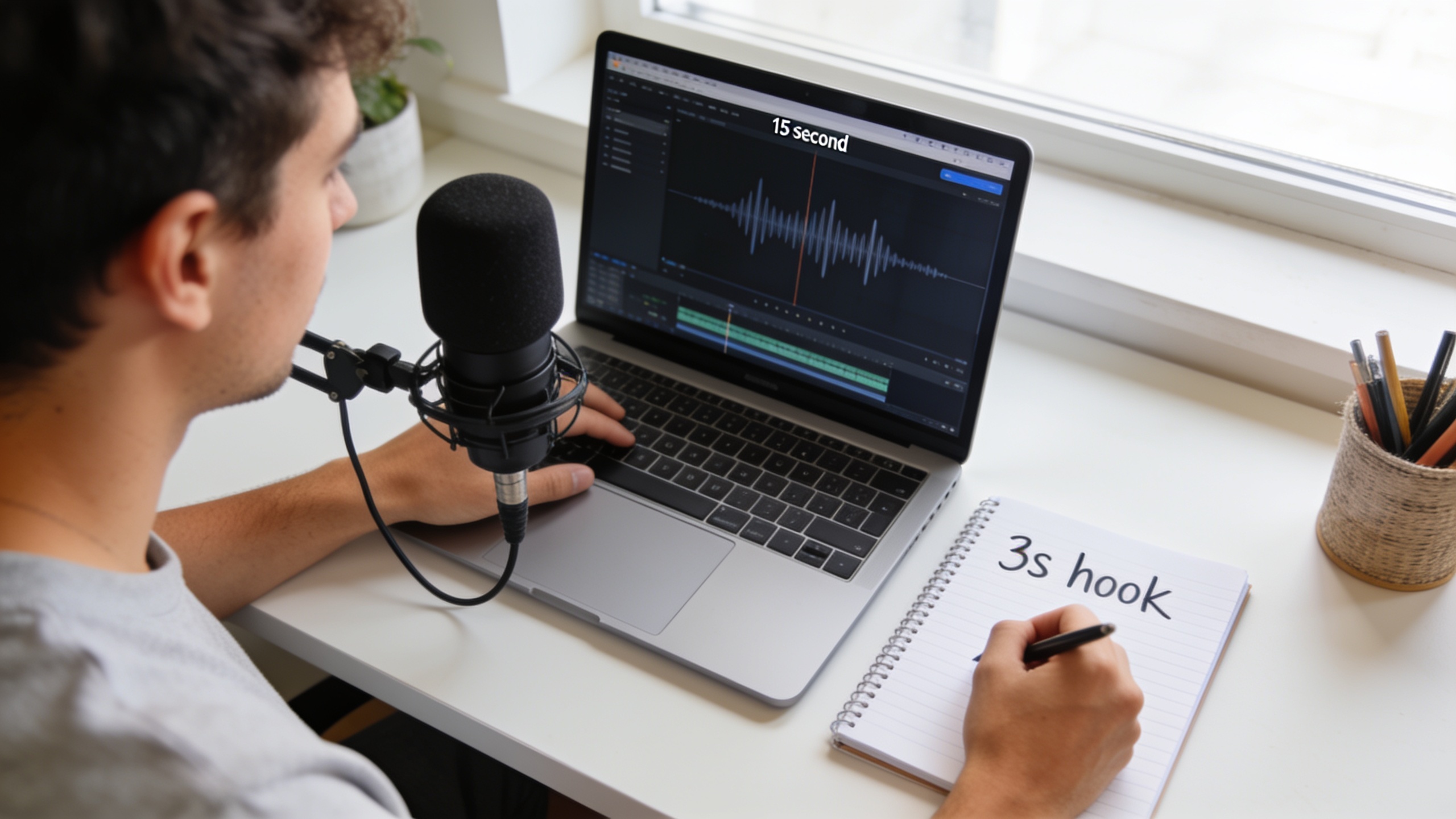 Creator recording a 15-second jingle with a note '3s hook' on desk