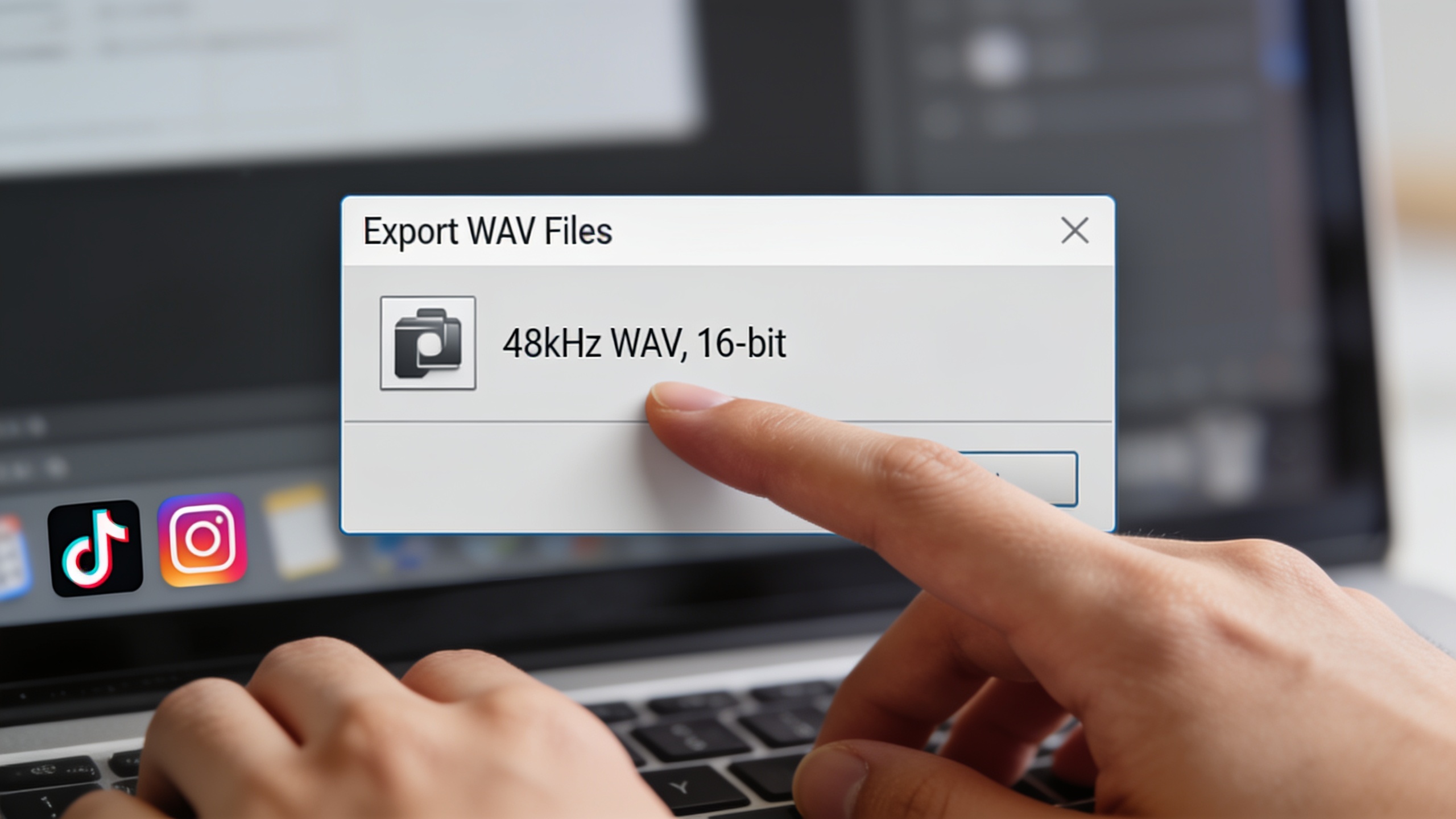 Export dialog exporting 48kHz WAV with social platform icons in background