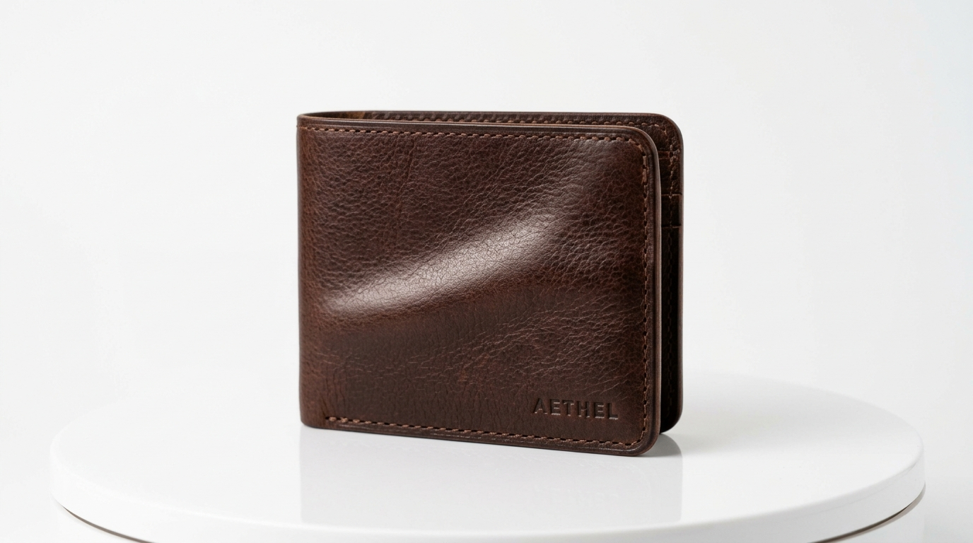 Leather wallet rotating loop on white background