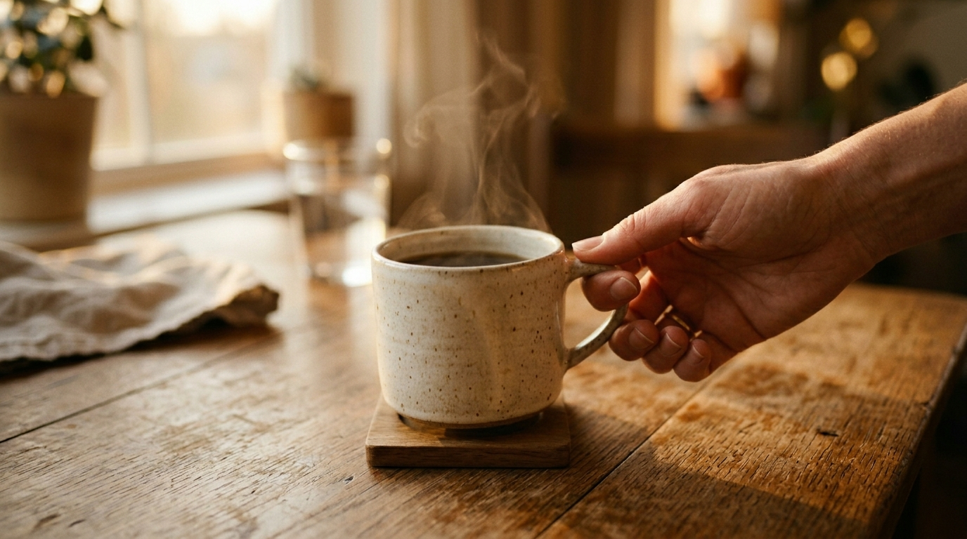 Hand picking up ceramic mug in golden-hour relight framing (lifestyle) 