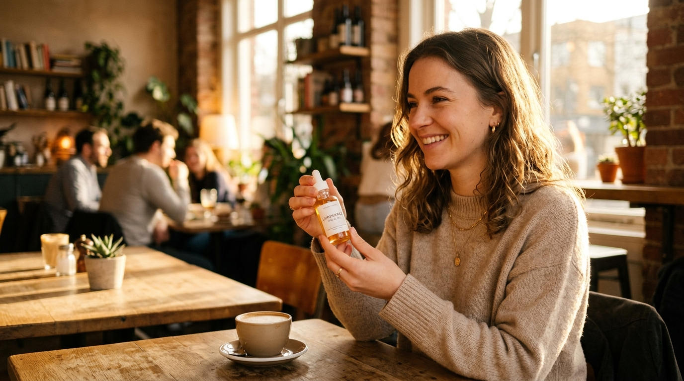Person holding product in a cafe at golden hour