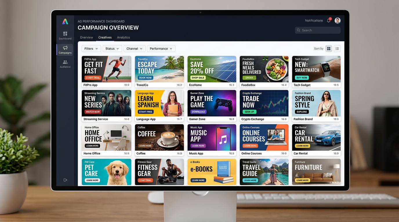 Mockup grid of ad thumbnails and text overlay boxes