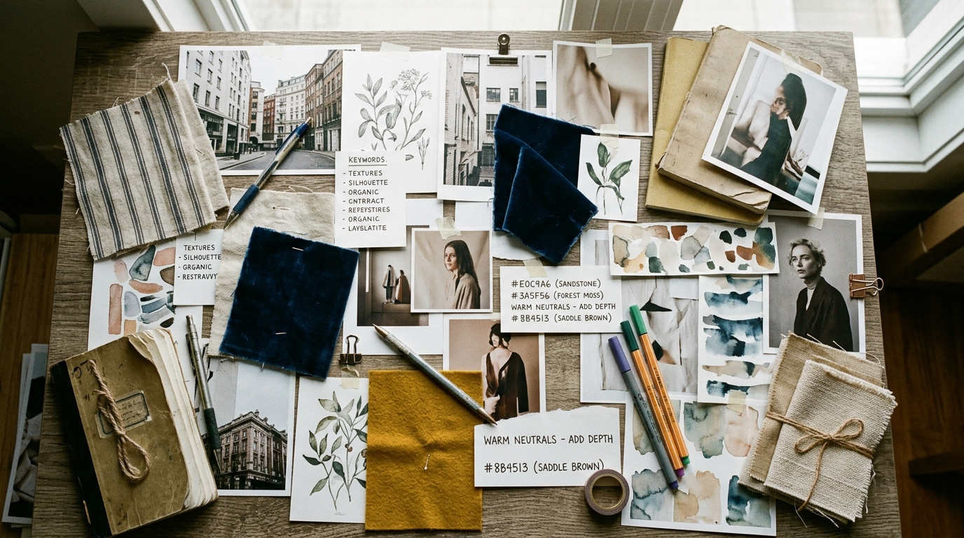 Overhead moodboard with printed references and swatches