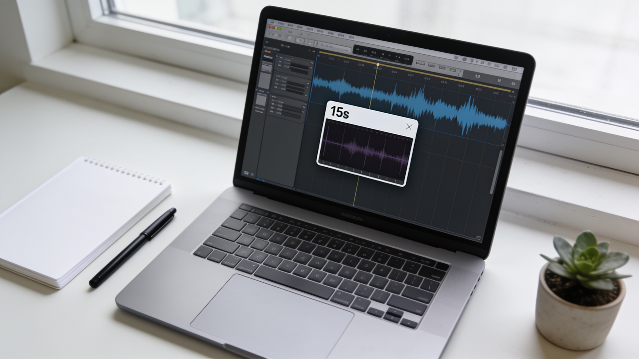Laptop with 15s audio waveform in a DAW