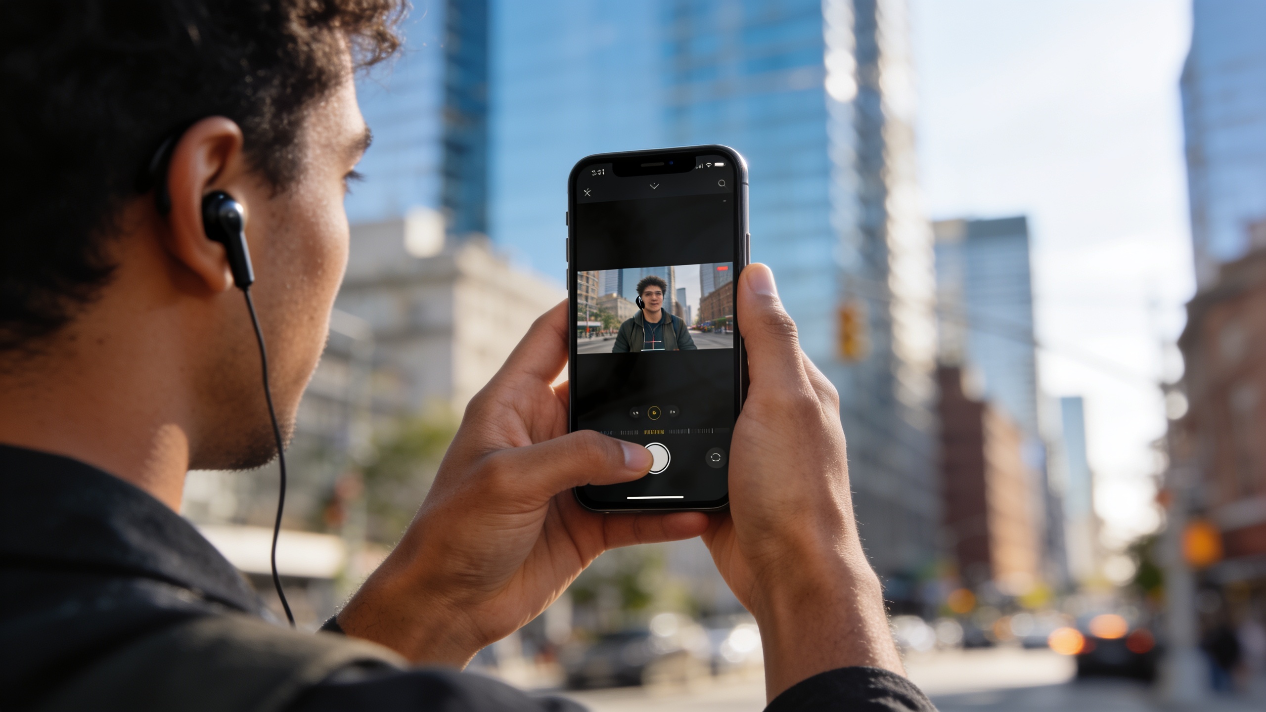 Person watching a short-form video on a phone with earbuds