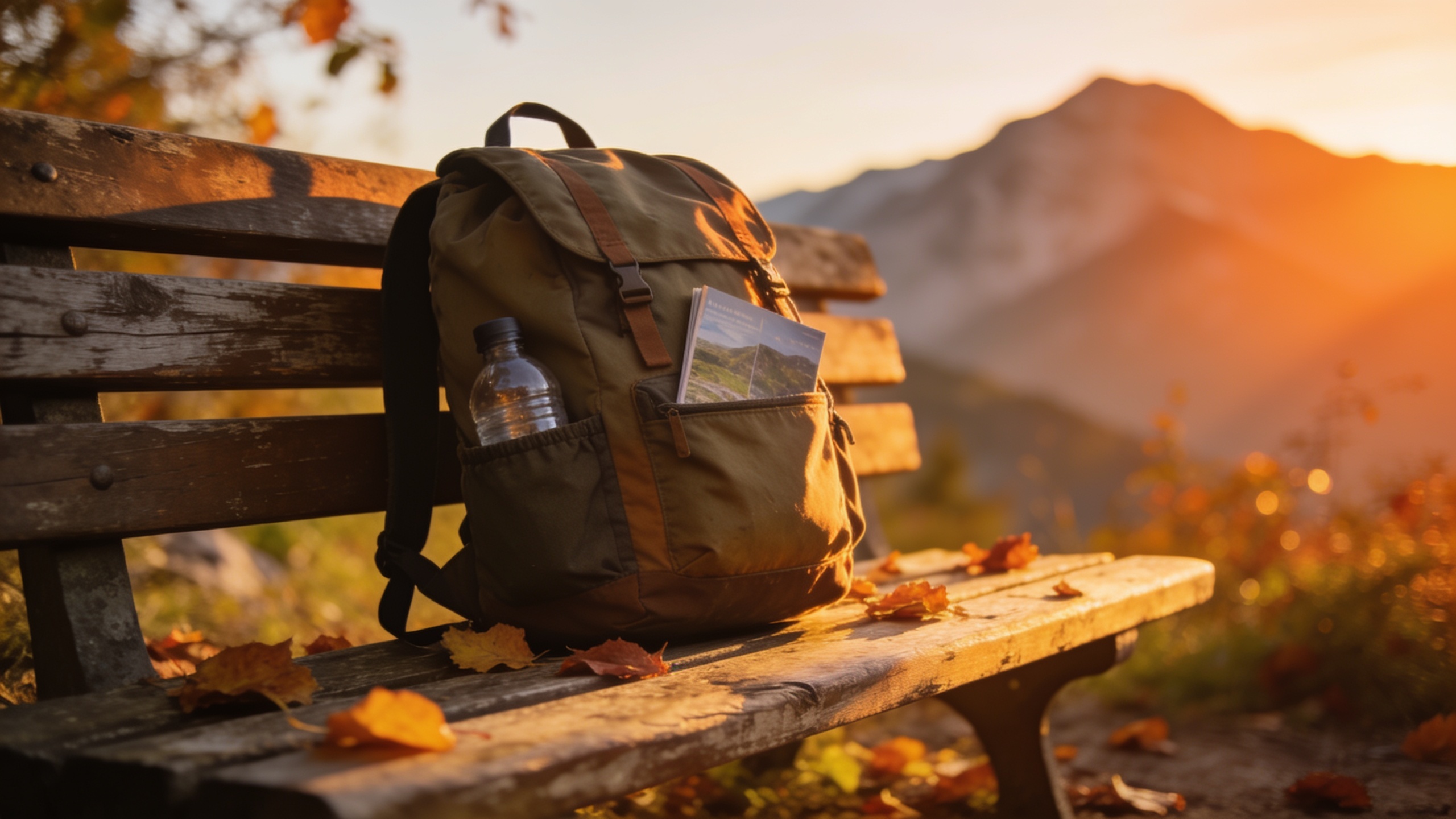 Travel backpack in warm golden-hour light on a bench