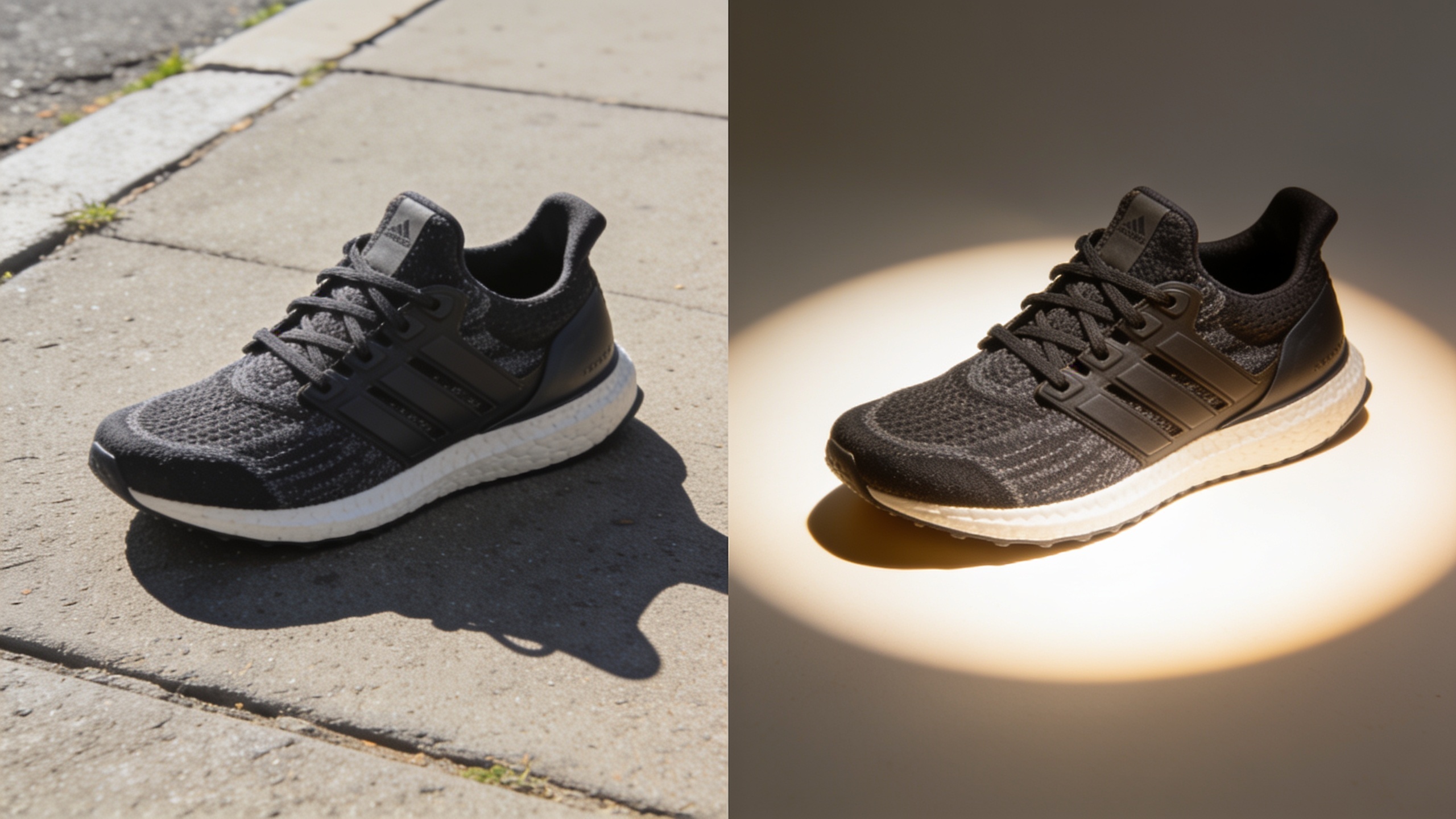 Split-screen before-and-after showing flat phone shot versus studio-relit sneaker