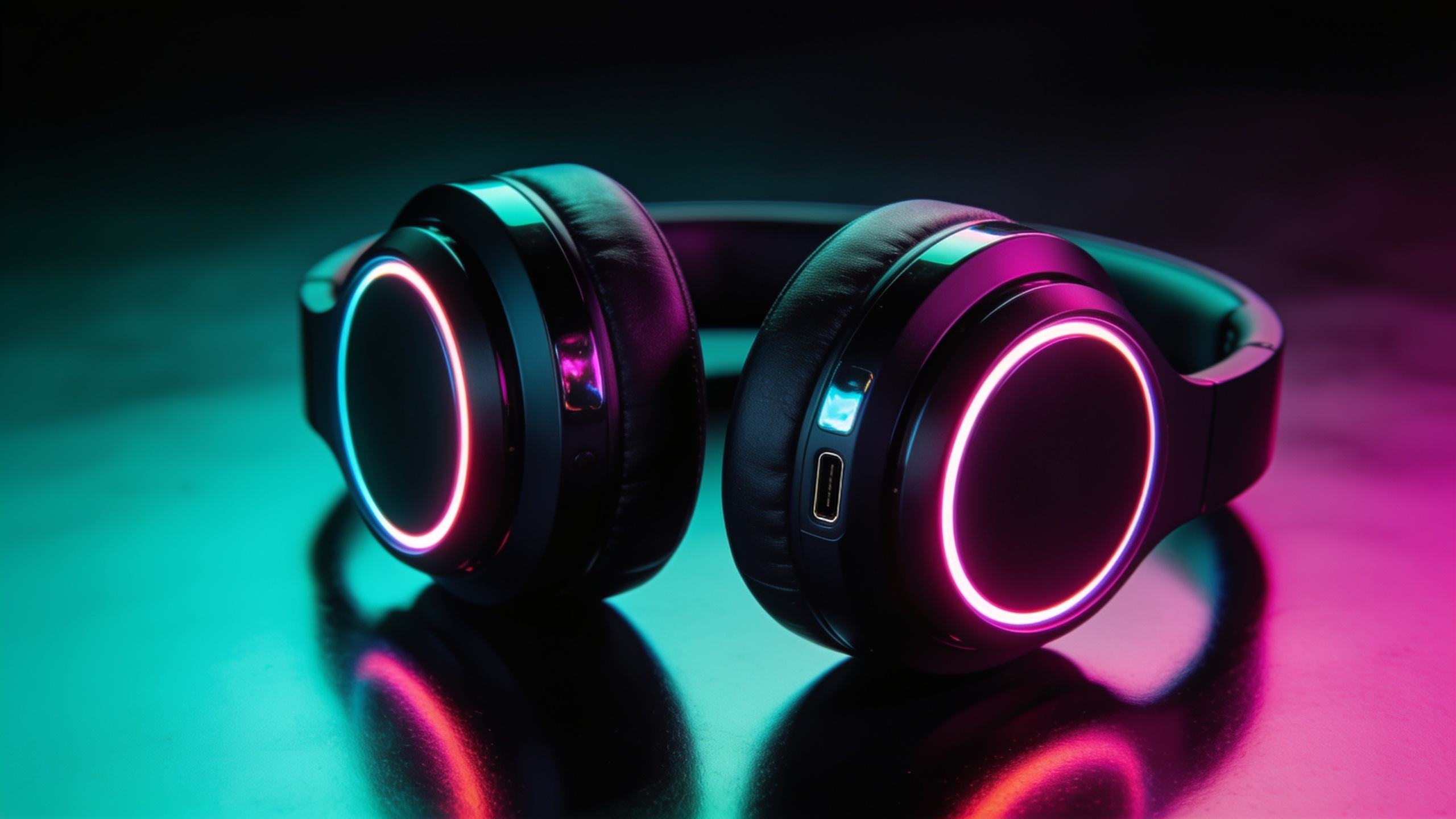 Wireless headphones with neon teal and magenta rim lighting