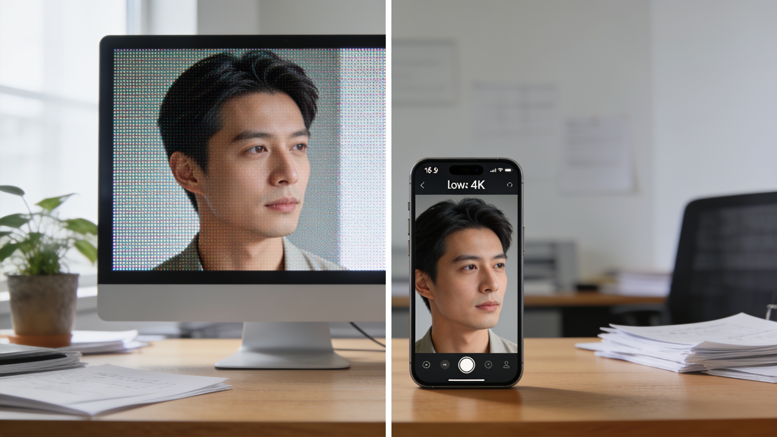 Side-by-side phone image and upscaled 4K image on a monitor