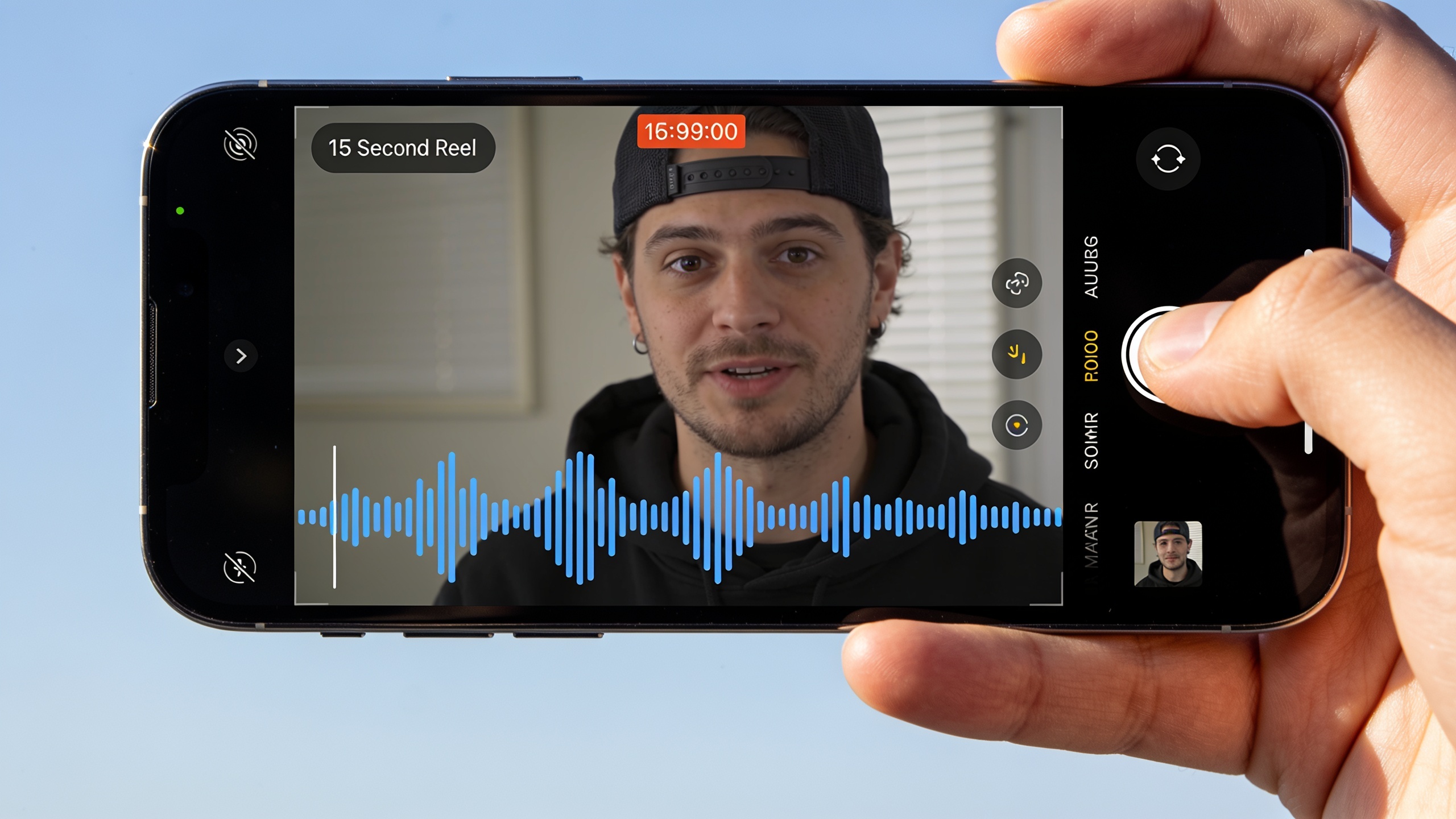 Creator previewing a 15s reel with waveform overlay on phone