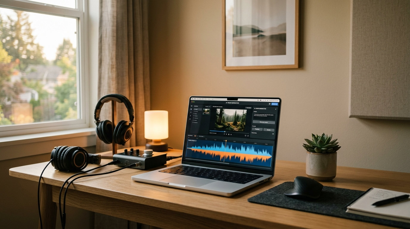 Laptop showing AI music waveform and video UI on desk